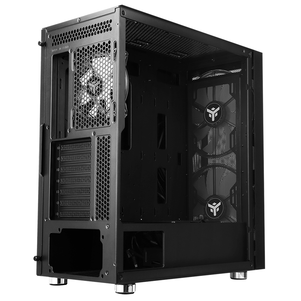 Case PC nero, vista laterale. Due ventole visibili. Interno pulito. Piedini argentati.