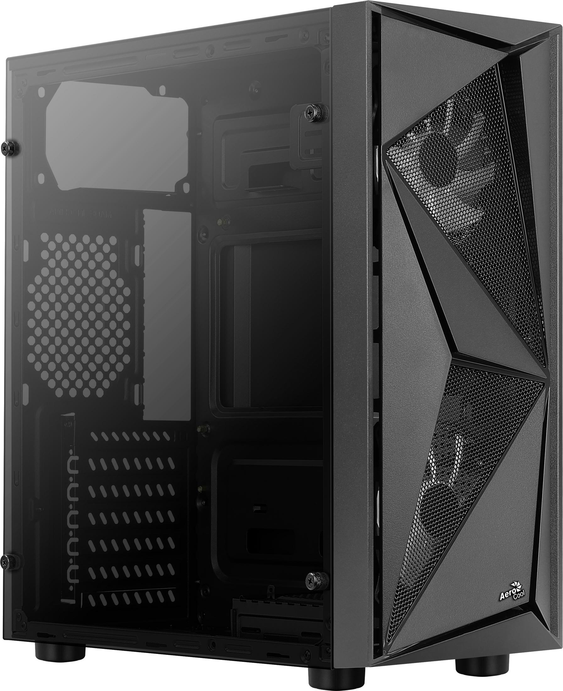 Case PC nero con pannello laterale in vetro. Design frontale angolare con mesh e prese d'aria.