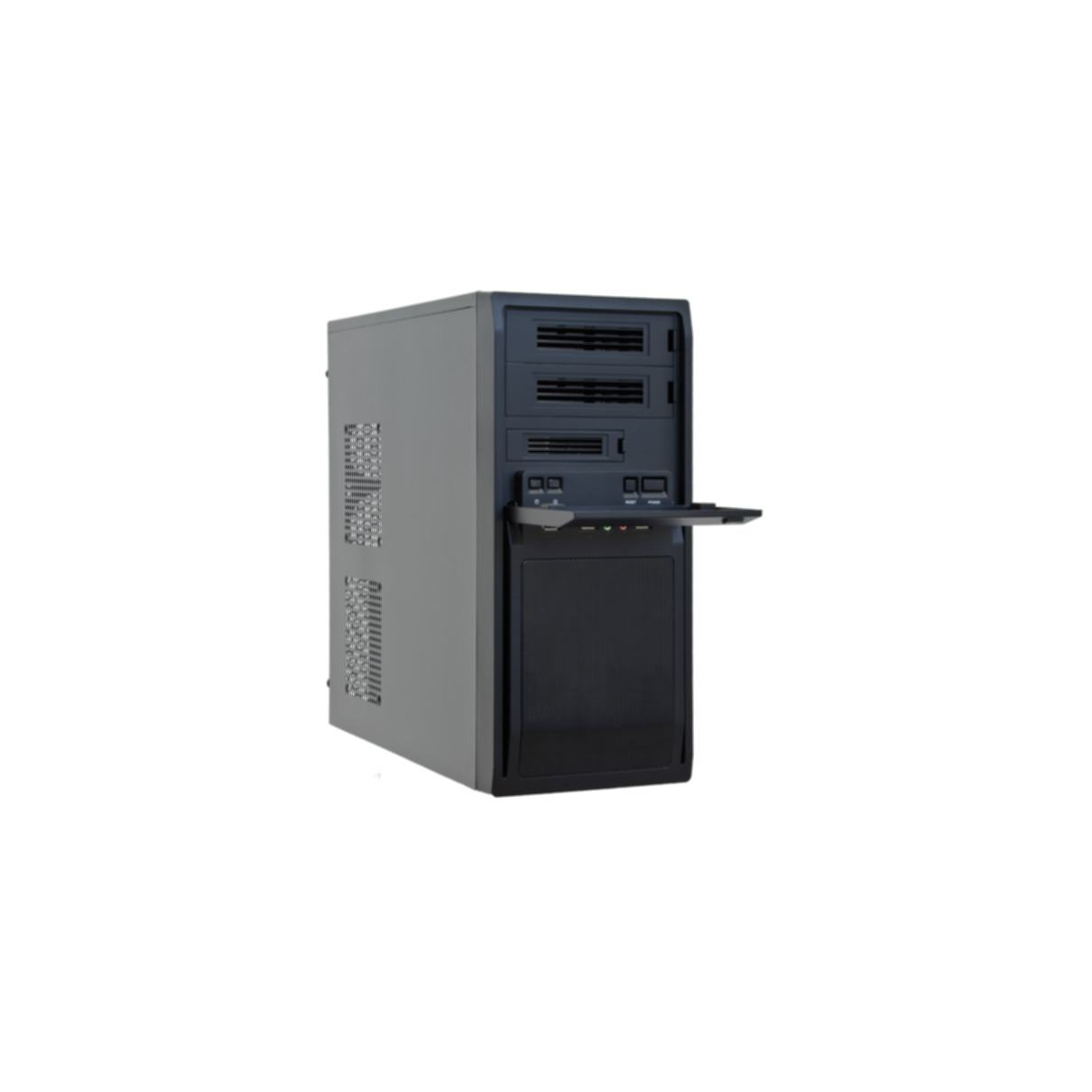 Czarna obudowa komputera z wentylatorem z przodu i panelem bocznym z siatki. Jest to obudowa w stylu gamingowym.