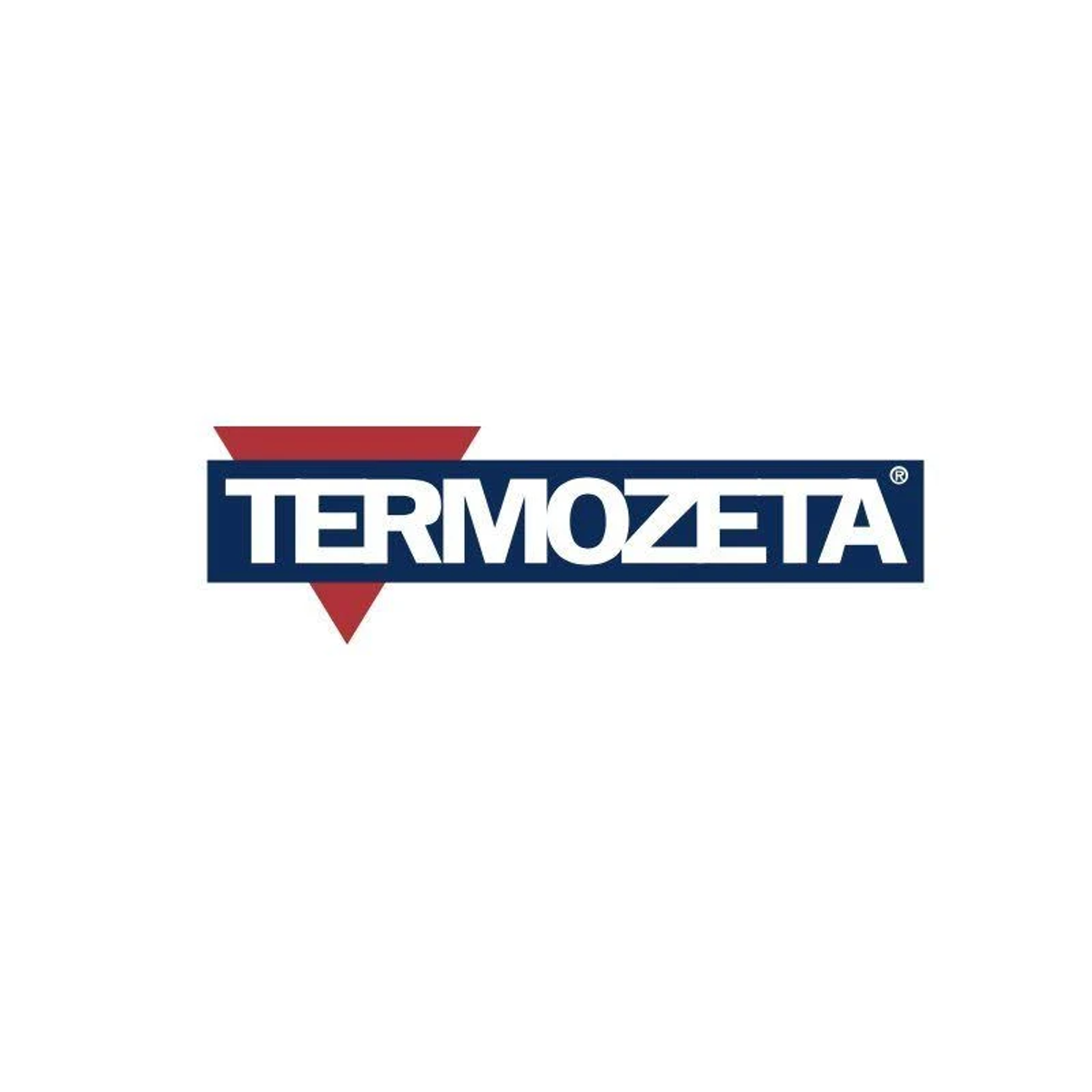 Sfondo bianco, rettangolo blu con 'TERMOZETA' in bianco e un triangolo rosso.