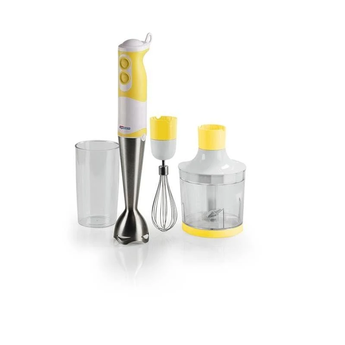 Un frullatore a immersione giallo e bianco con accessori, isolato su bianco.