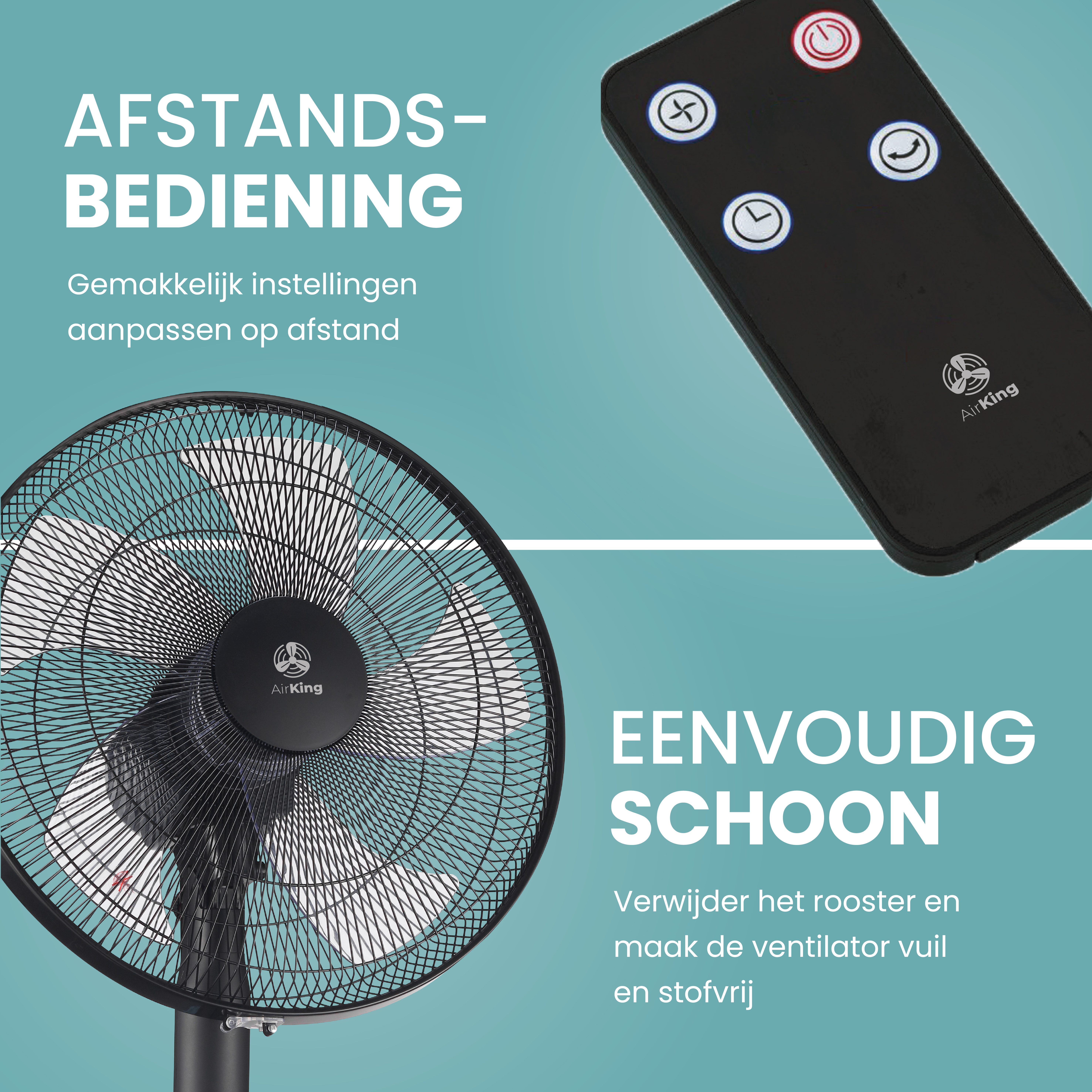 Un ventilateur noir avec une télécommande. Le ventilateur est sur un support. La télécommande est noire avec des icônes.