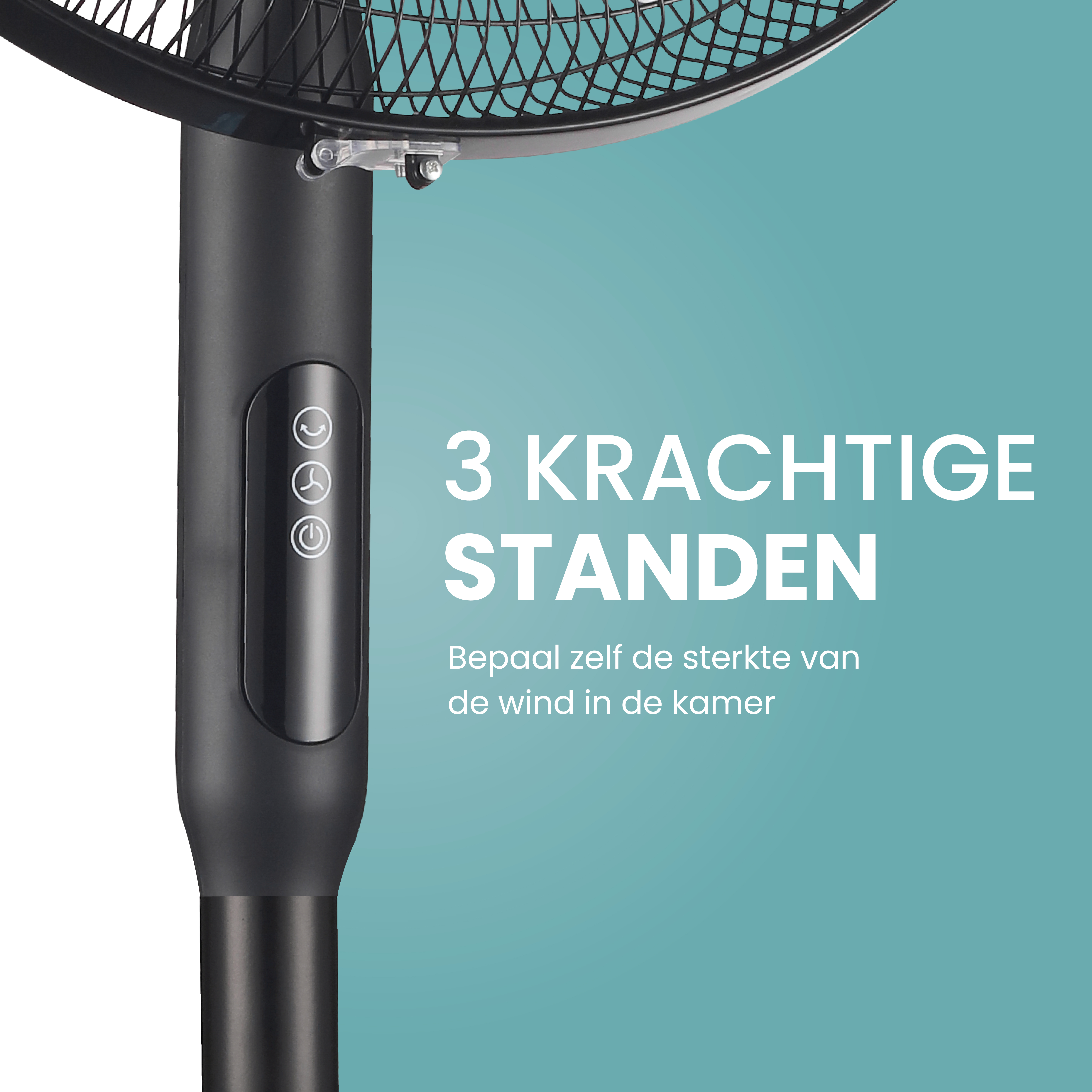 Gros plan sur le panneau de commande d'un ventilateur noir avec boutons et texte, fond turquoise.