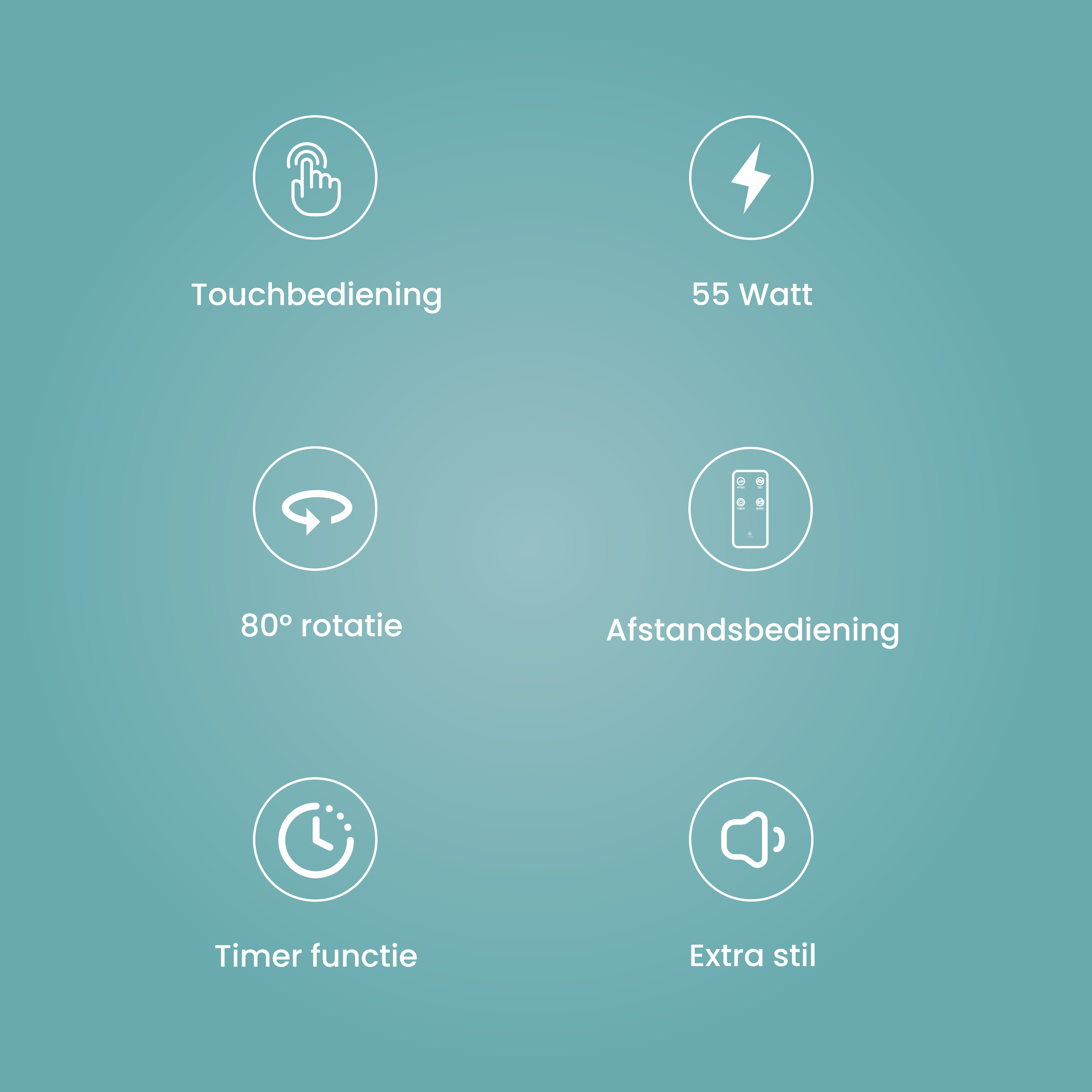 Icônes de fonctionnalités: contrôle tactile, 55W, rotation 80°, télécommande, minuterie, extra silencieux.