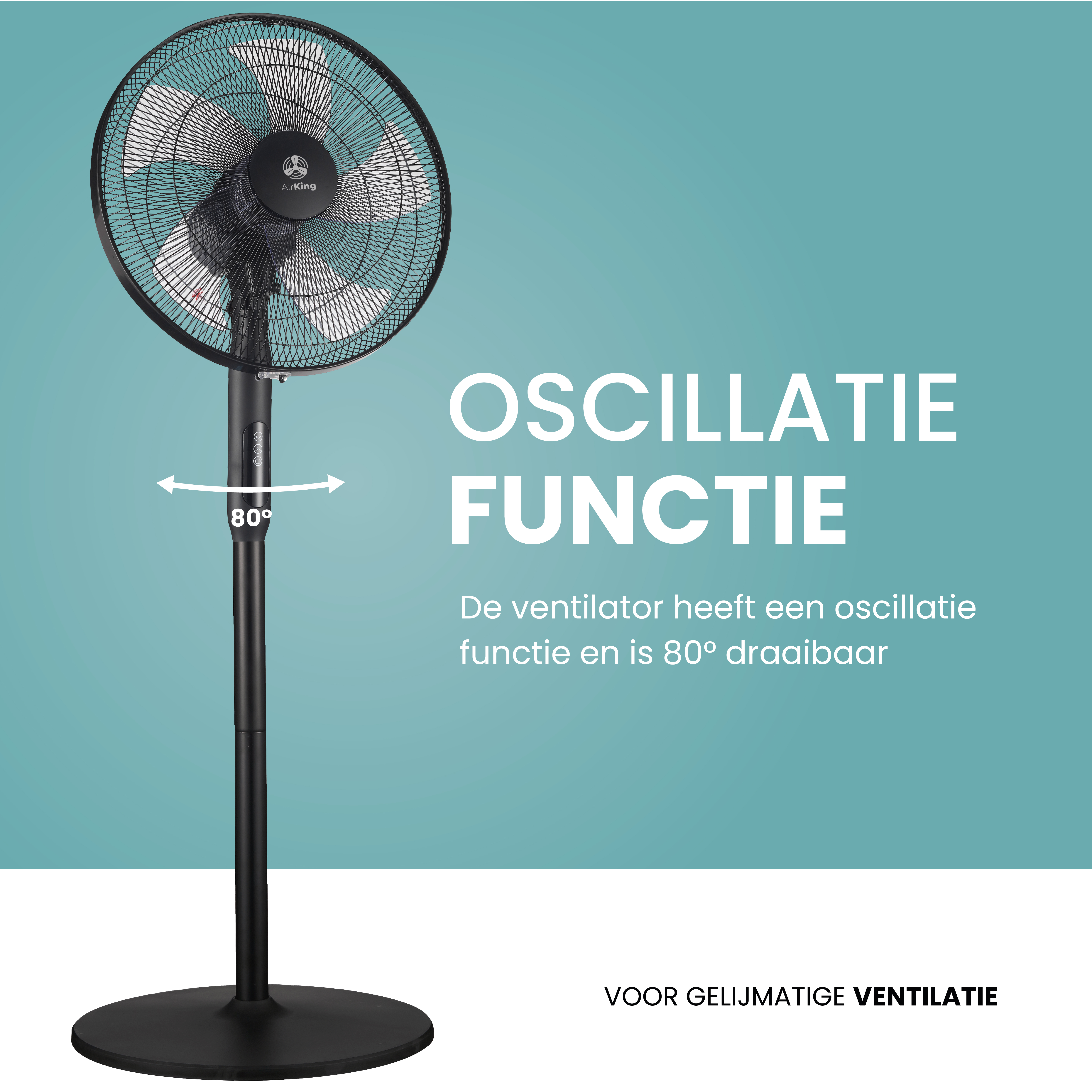Ventilateur oscillant noir avec 3 pales sur pied, texte en néerlandais.
