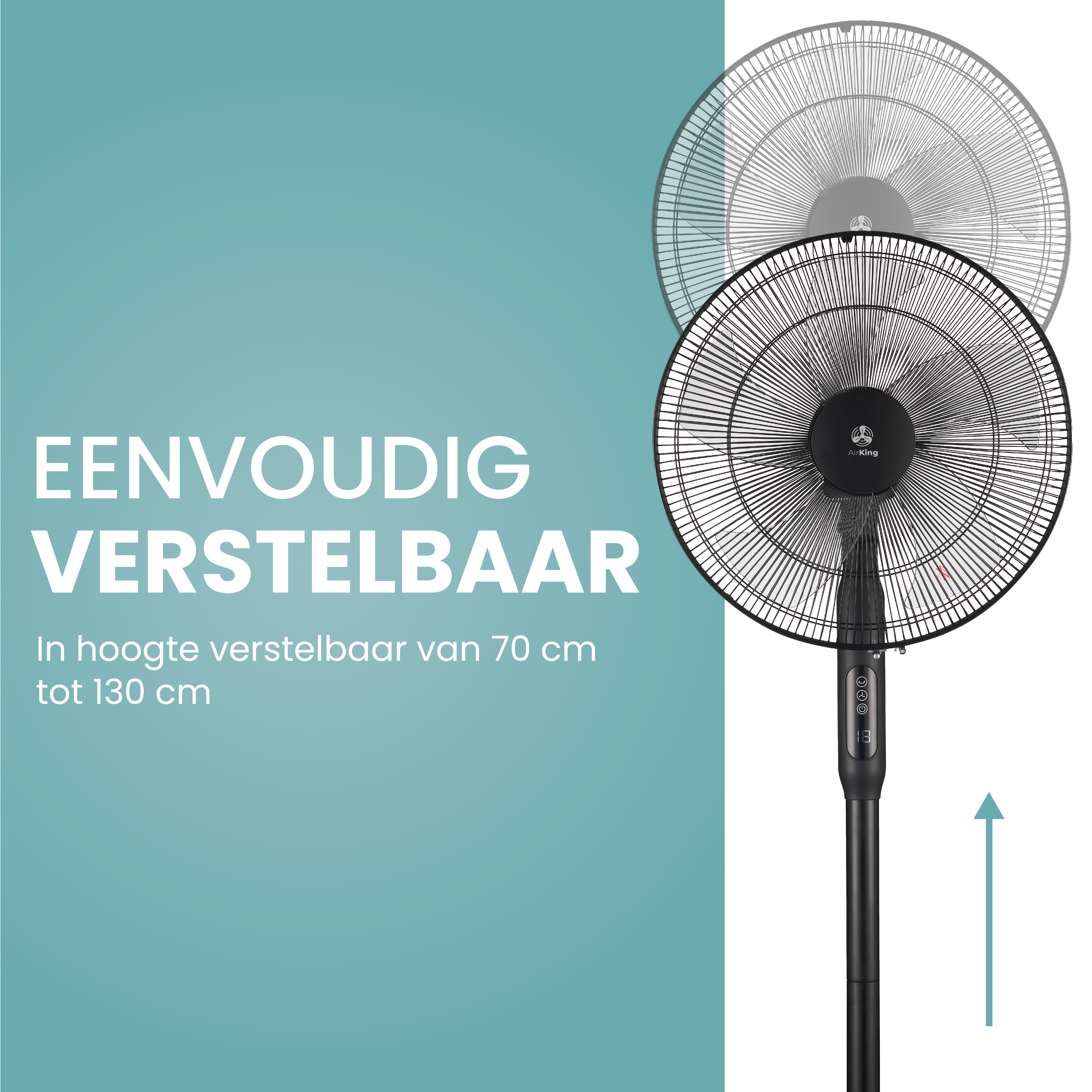 Un ventilateur sur pied noir avec le texte : EENVOUDIG VERSTELBAAR. Il a une base noire et un ventilateur noir.