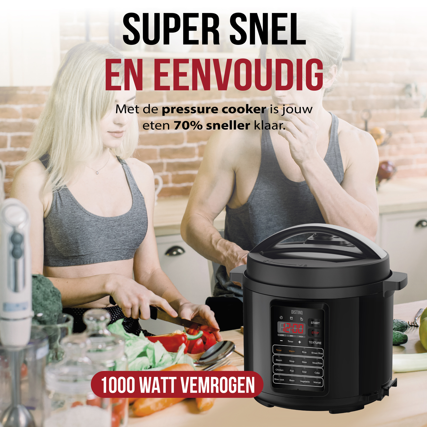 A woman cuts a red pepper, a man stands in the background. A pressure cooker is in focus.