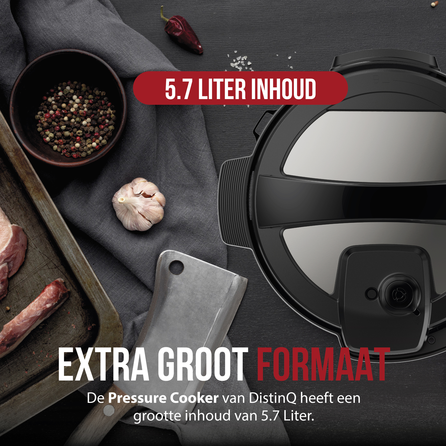 A pressure cooker with ingredients like meat, garlic, and spices around it.