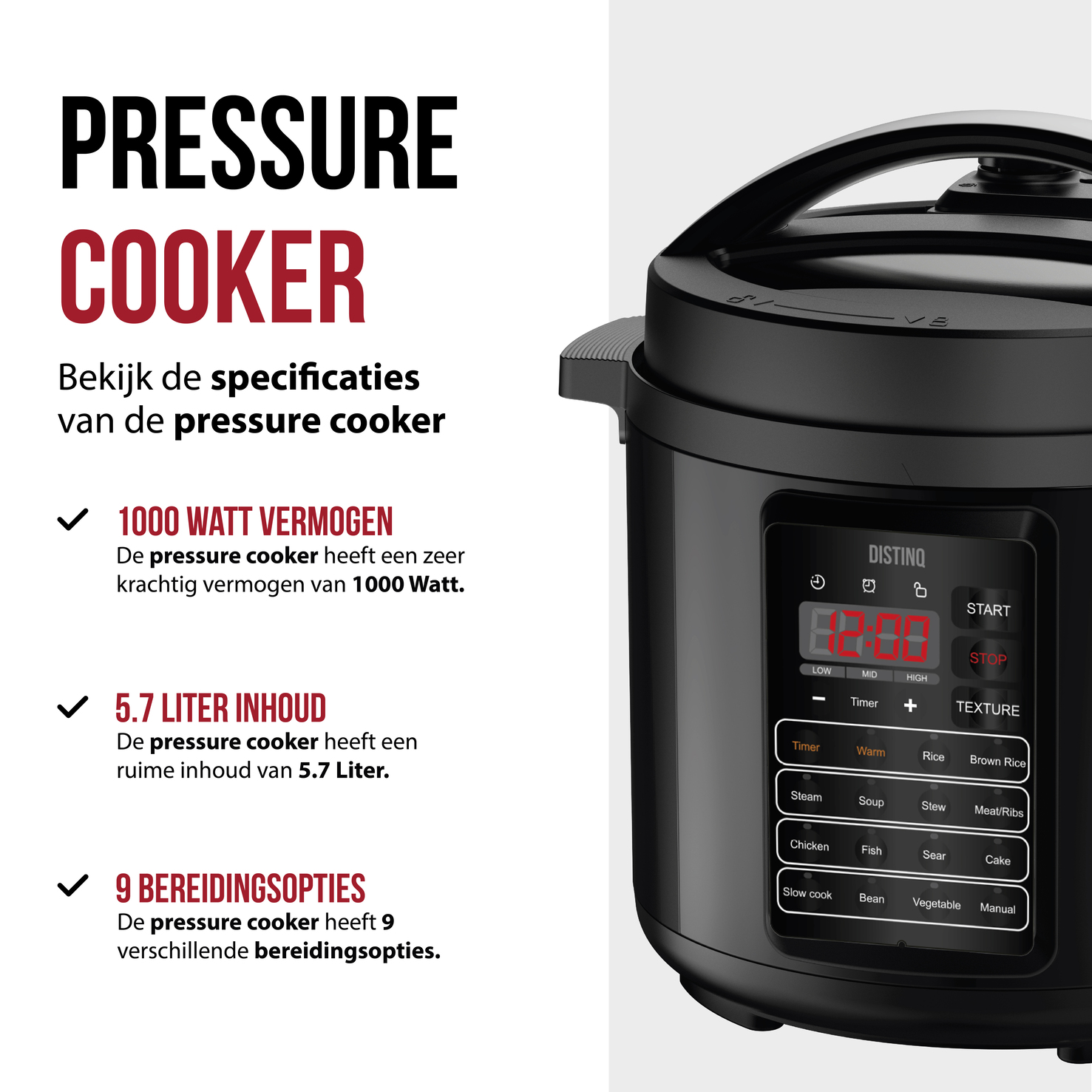 Black pressure cooker with text describing features and functions.