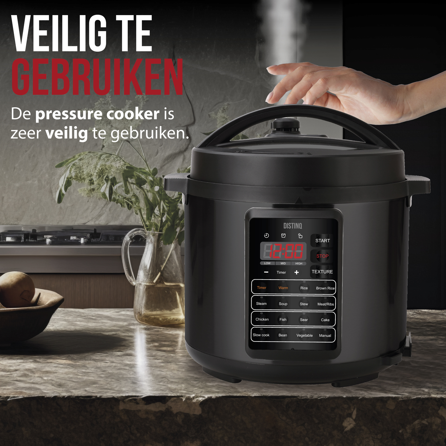 A black pressure cooker with a digital display and control buttons on a table.