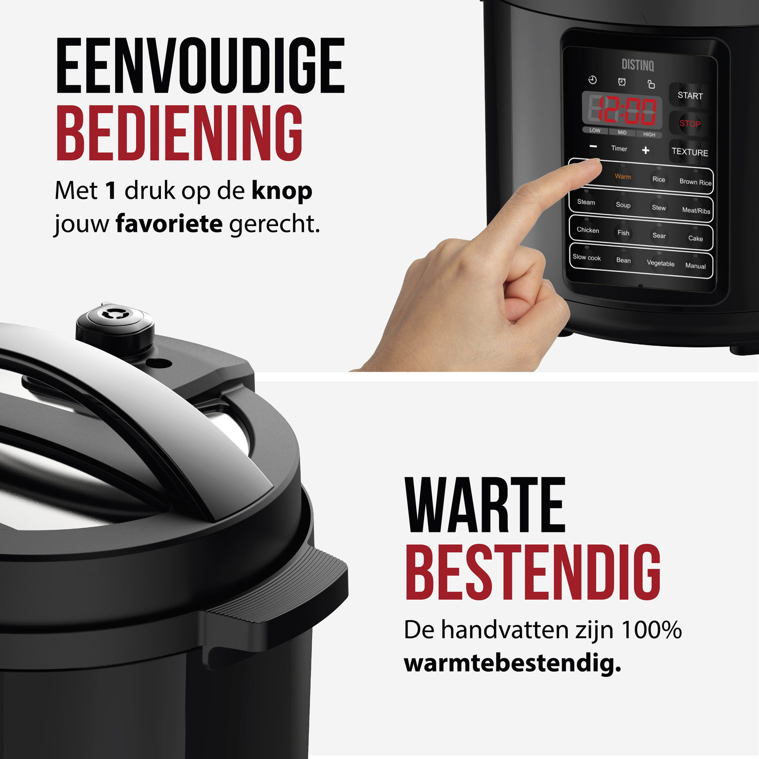 A person's finger pressing a button on a black Instant Pot. Text: Easy operation, favorite dish with one button.