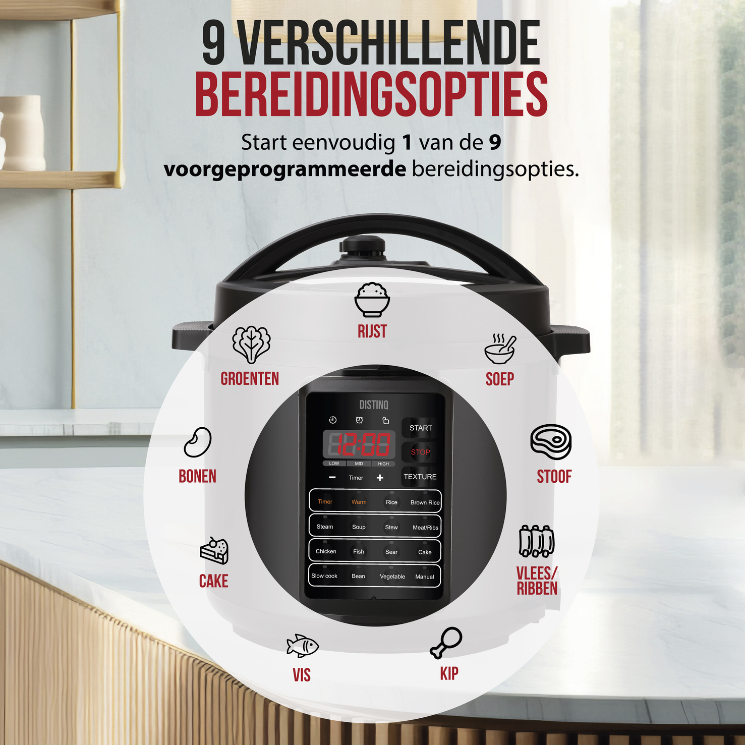 A multicooker with various cooking options, surrounded by icons and text labels on a surface.