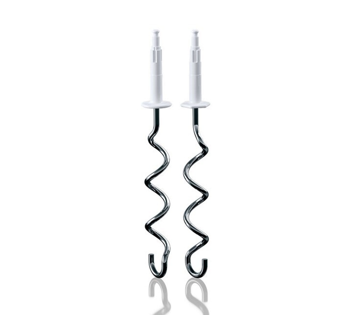 Twee mixeropzetstukken, witte toppen en gebogen metalen gardes.