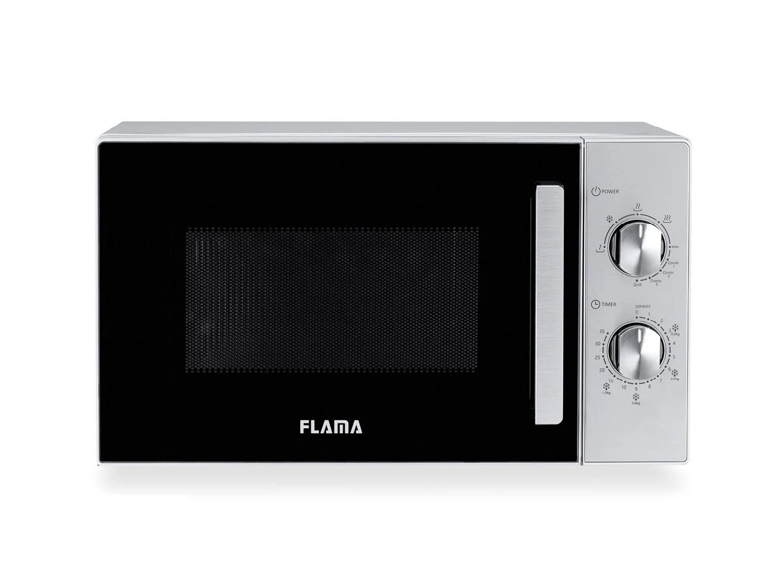 Forno a microonde argento con porta nera. Il marchio FLAMA è visibile sulla porta.