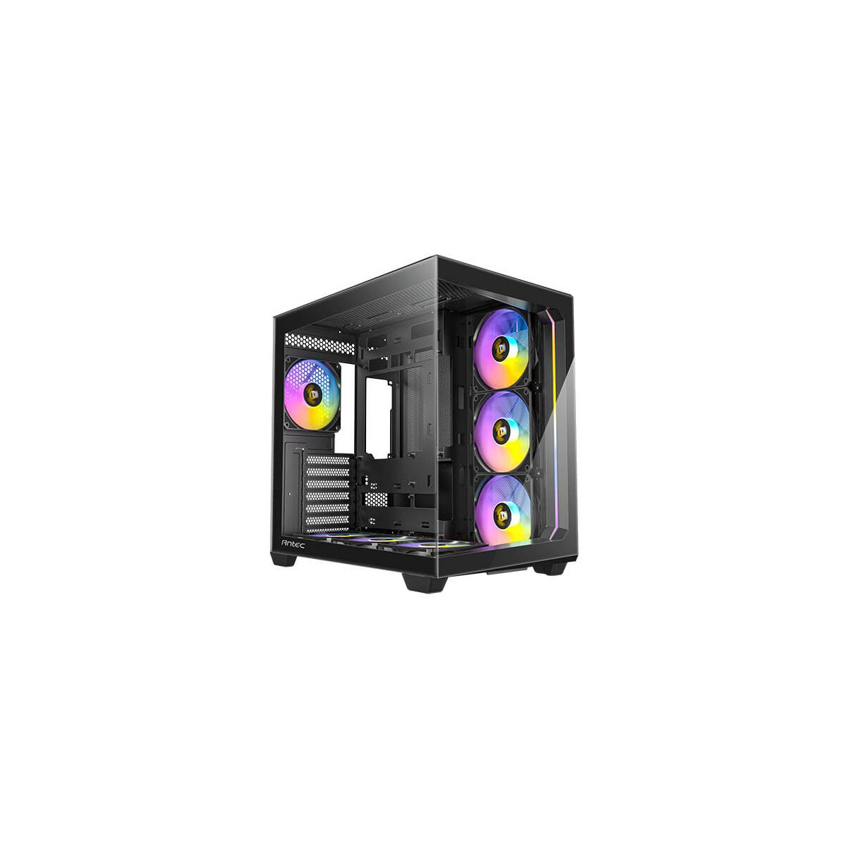 Caja de PC con ventiladores coloridos, panel de vidrio e interior negro.