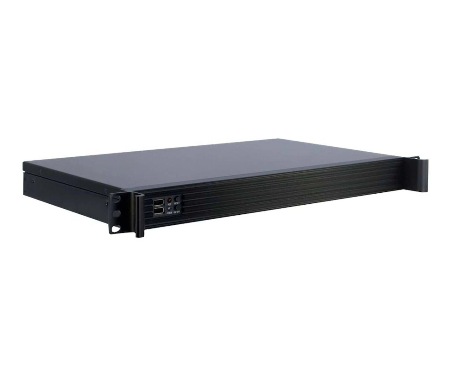 Case server rackmount nero con porte frontali e pulsante di accensione.