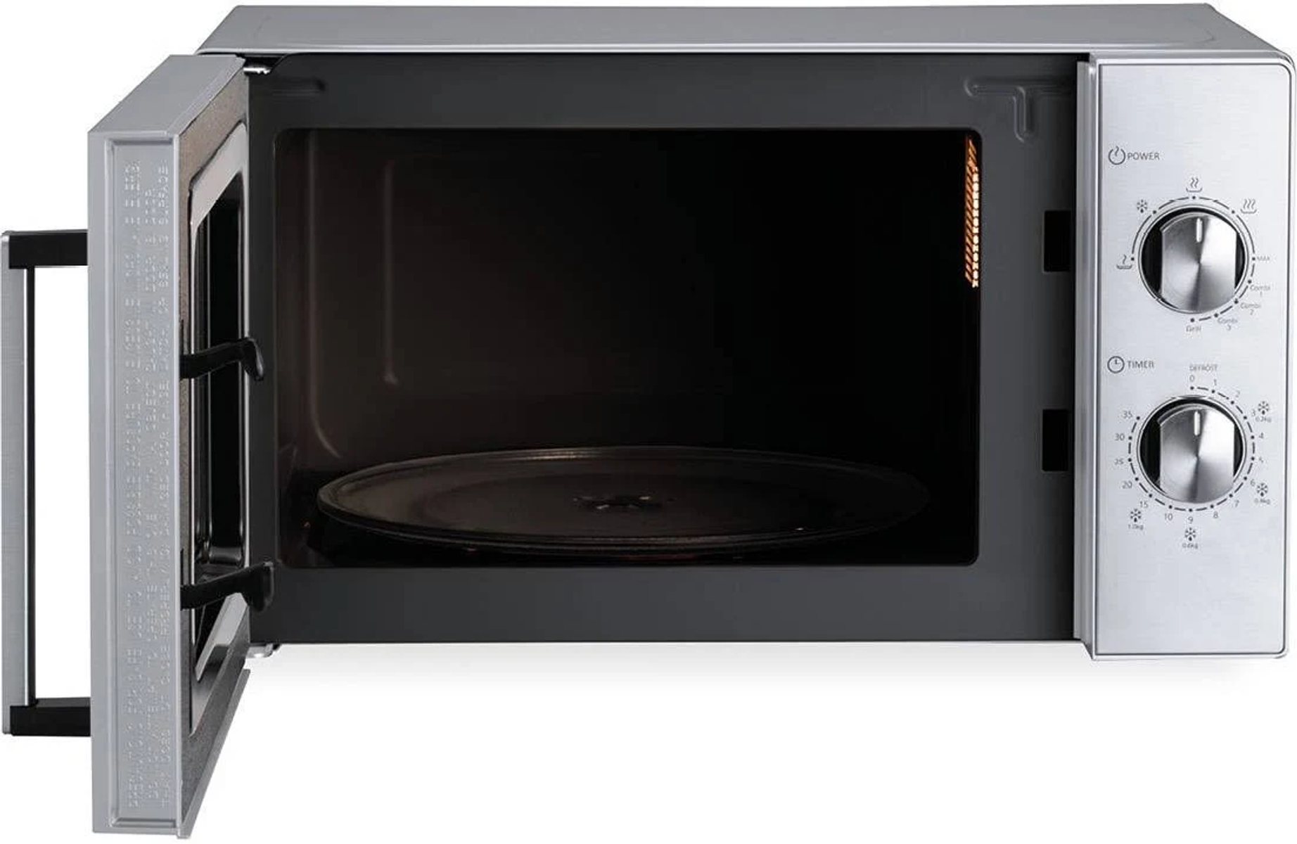 Forno a microonde aperto, con piatto di vetro all'interno. Esterno argentato, interno nero. Manopole e pulsanti a destra.