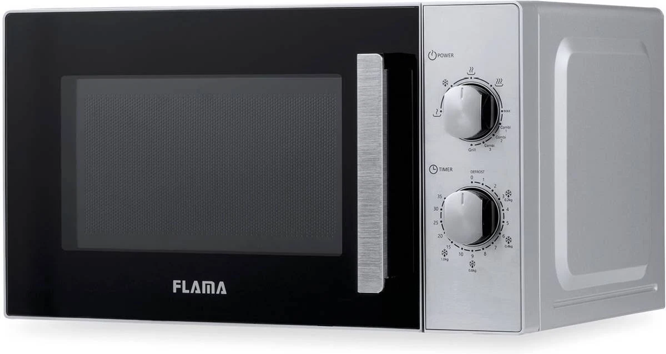 Un forno a microonde argentato con porta nera e pannello di controllo a destra.