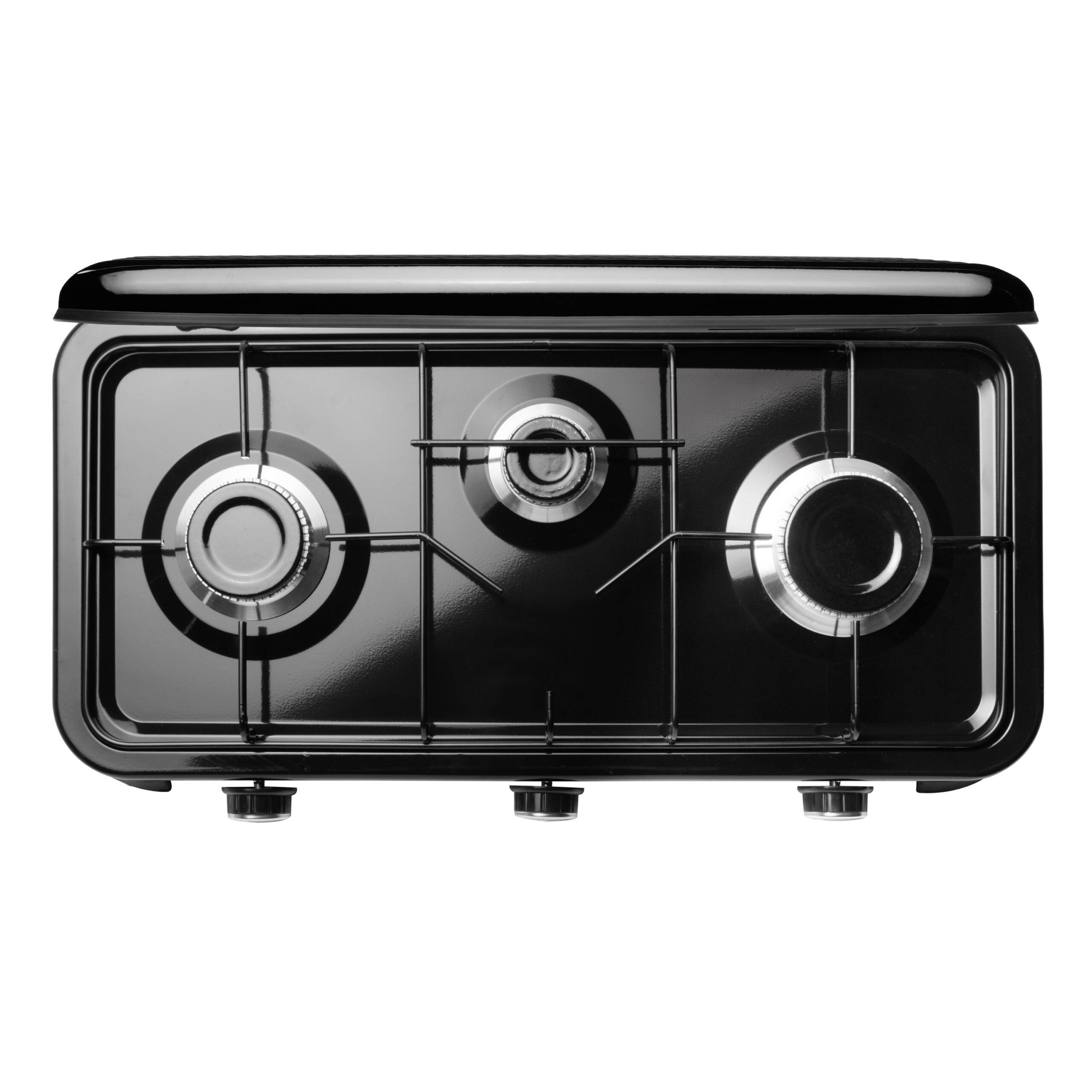 Fornello a gas portatile nero, vista dall'alto, tre bruciatori con manopole. Sfondo bianco.