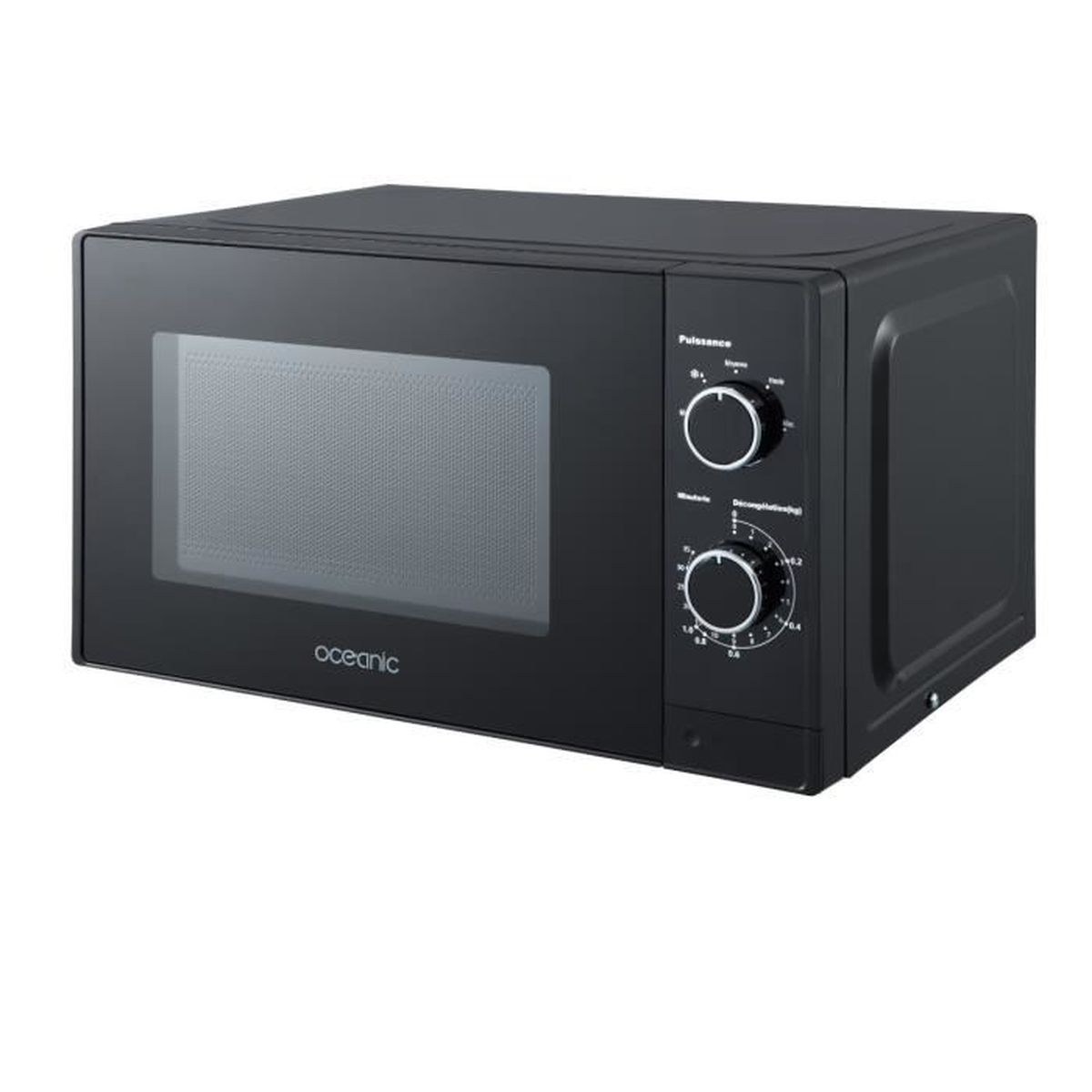 Horno microondas negro con dos diales de control y puerta de vidrio. La marca es 'oceanic'.