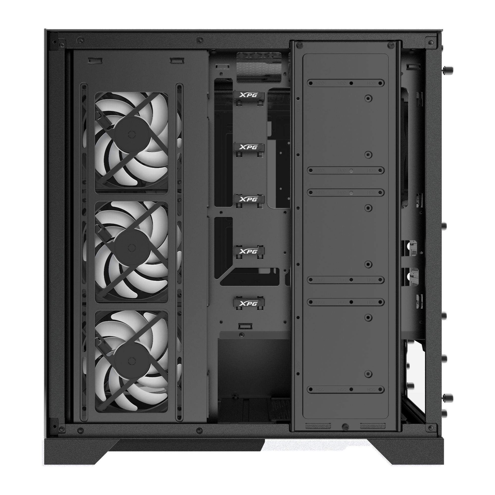 Intérieur d'un boîtier PC noir avec plusieurs ventilateurs et la marque XPG sur les composants.