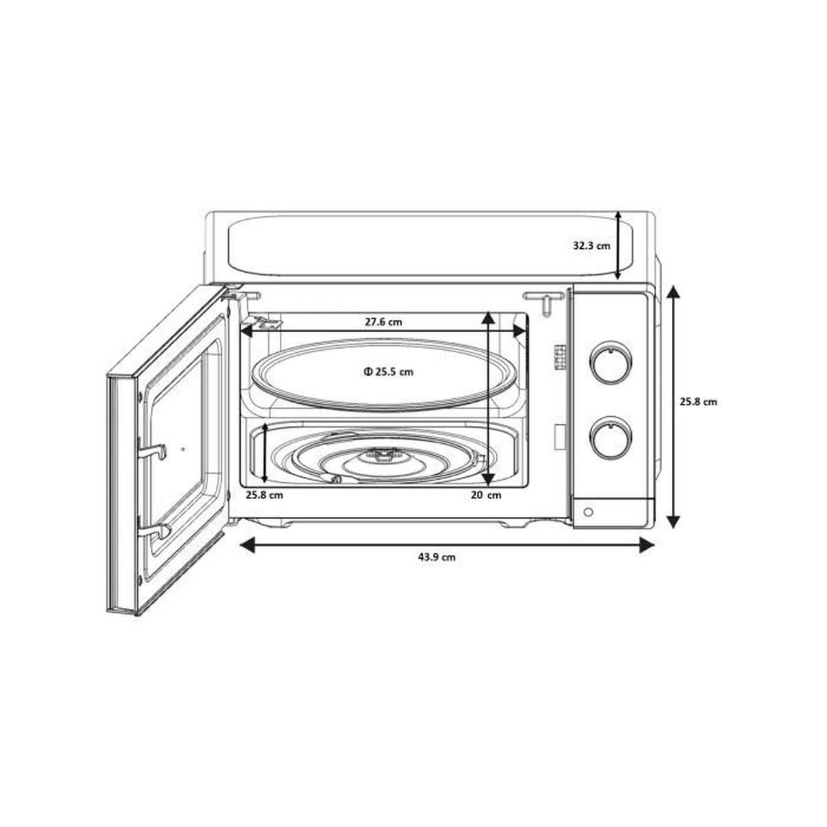 Dibujo de microondas mostrando dimensiones y puerta abierta. Fondo blanco.
