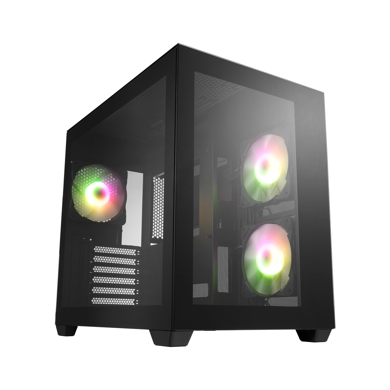 Case PC nero con pannelli in vetro. Interno con ventole e luci RGB. Design moderno.