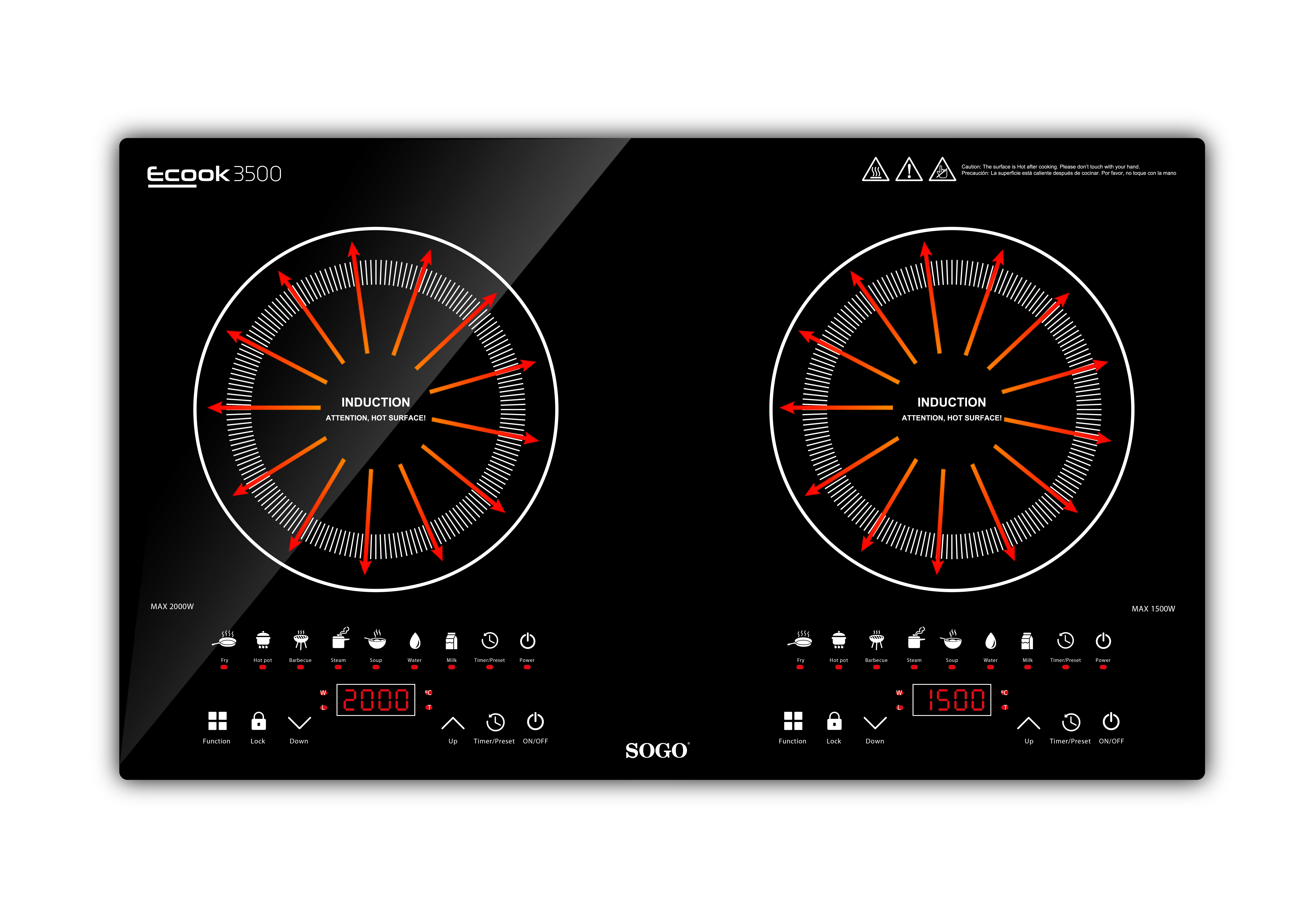 Placa de inducción negra con dos quemadores, cada uno con pantalla digital y controles.