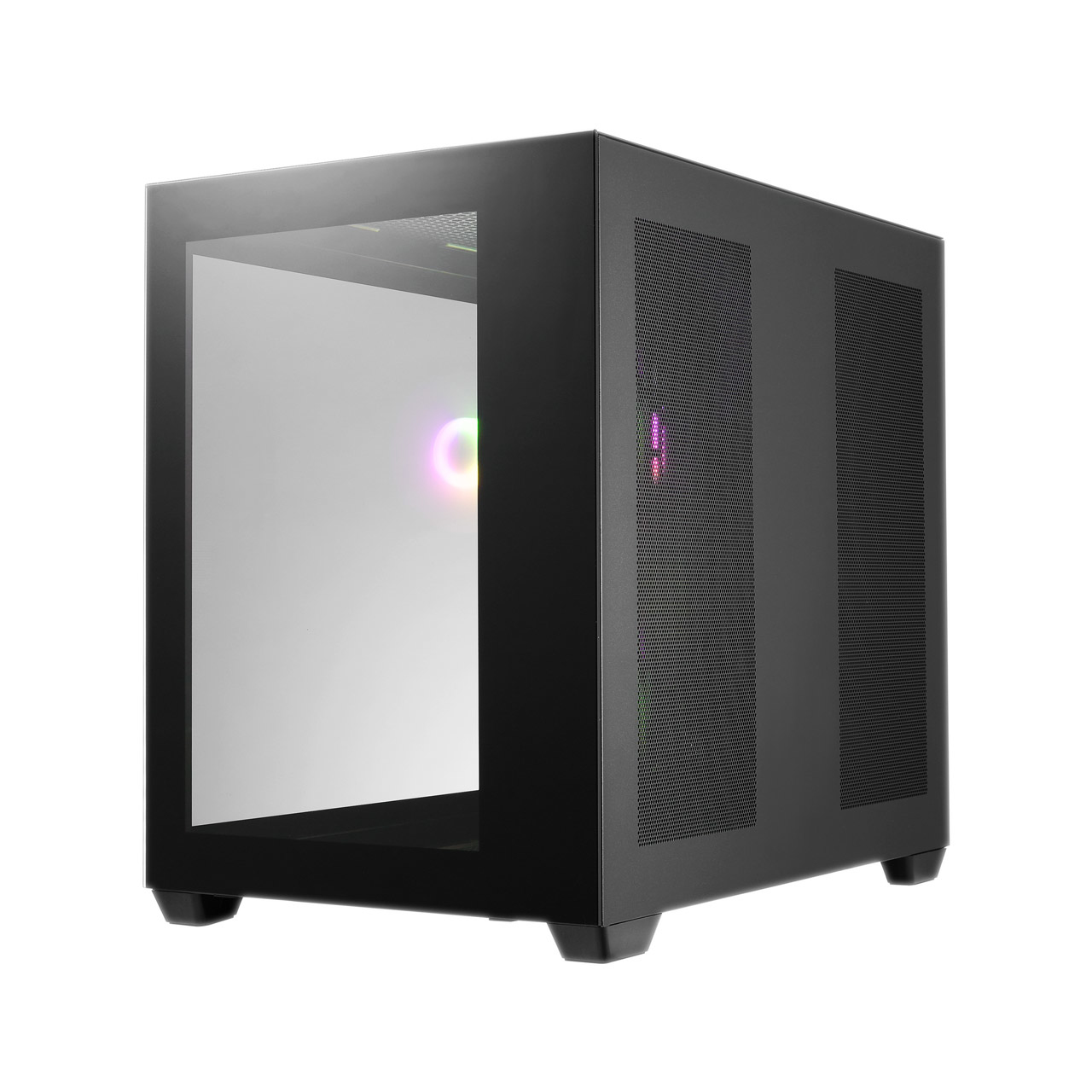 Case PC nero con pannello laterale in vetro, che mostra componenti interni con illuminazione RGB.