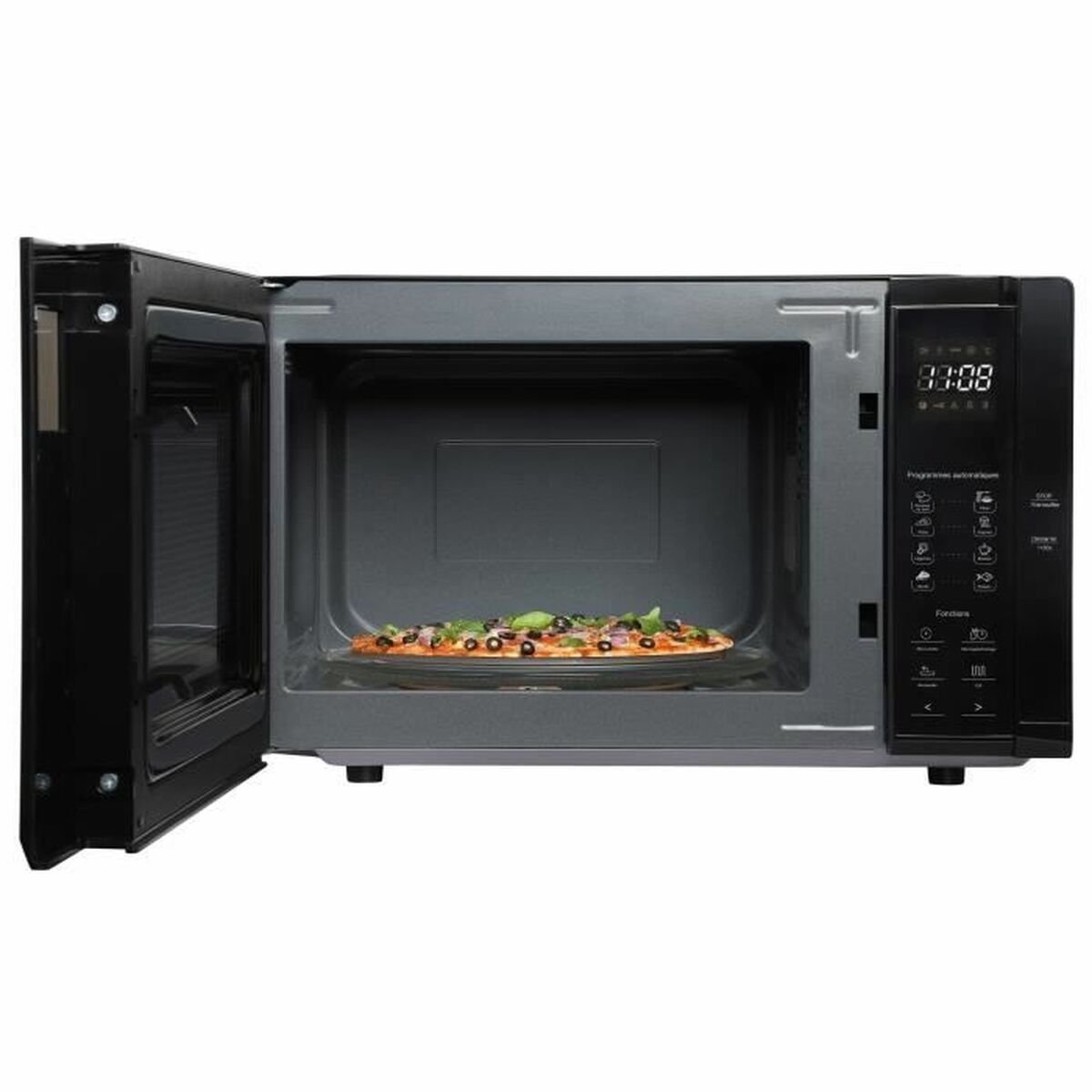 Horno microondas negro con la puerta abierta, mostrando una pizza dentro. La hora es 08:08.