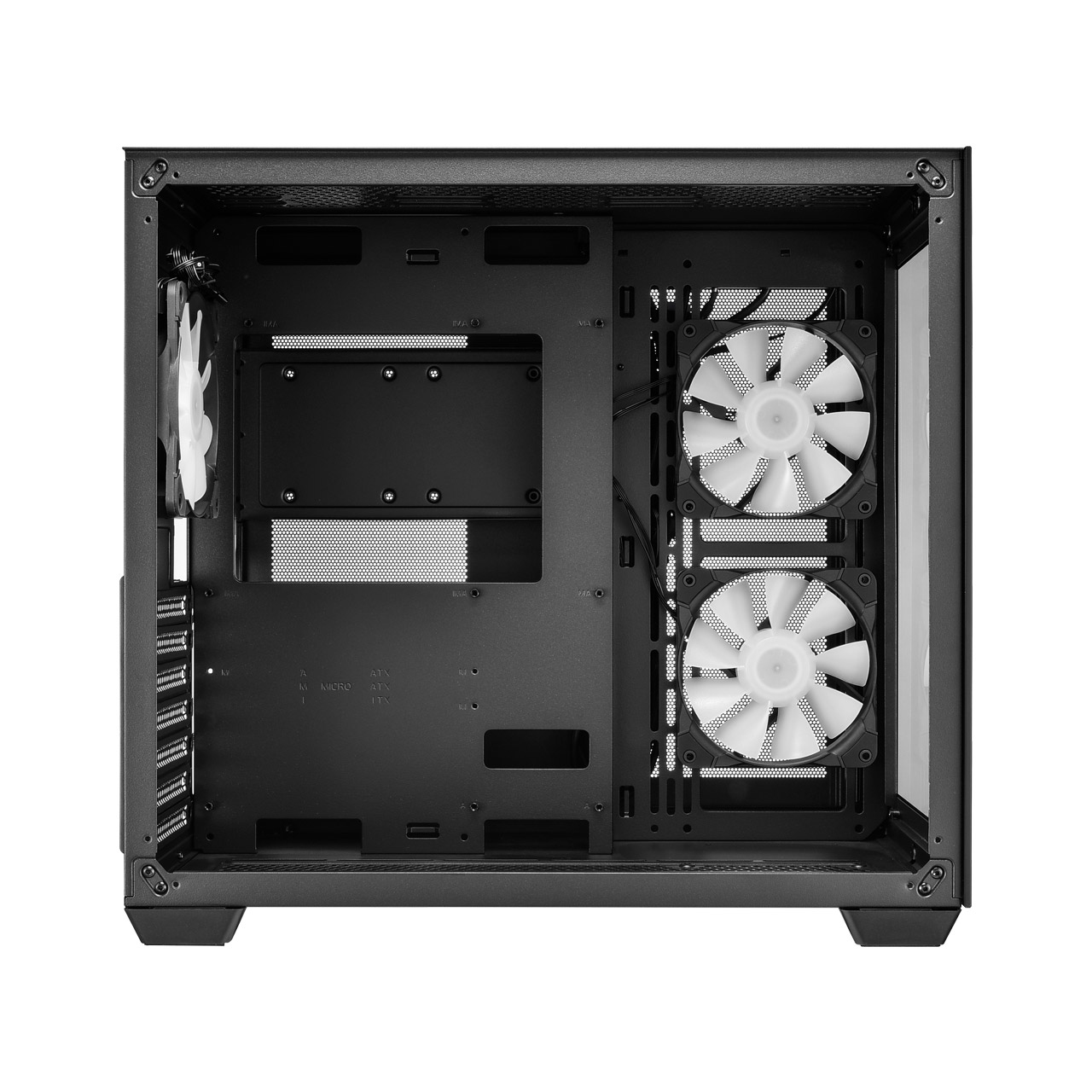 Interno di un case per PC nero con due ventole bianche.