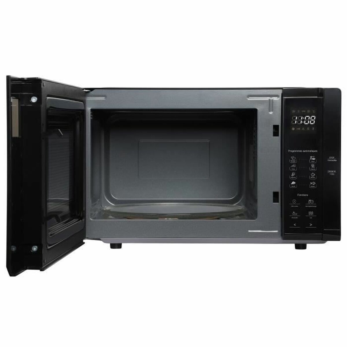 Horno microondas negro abierto, interior visible. Pantalla digital en el frente. Exterior negro. Fondo blanco.