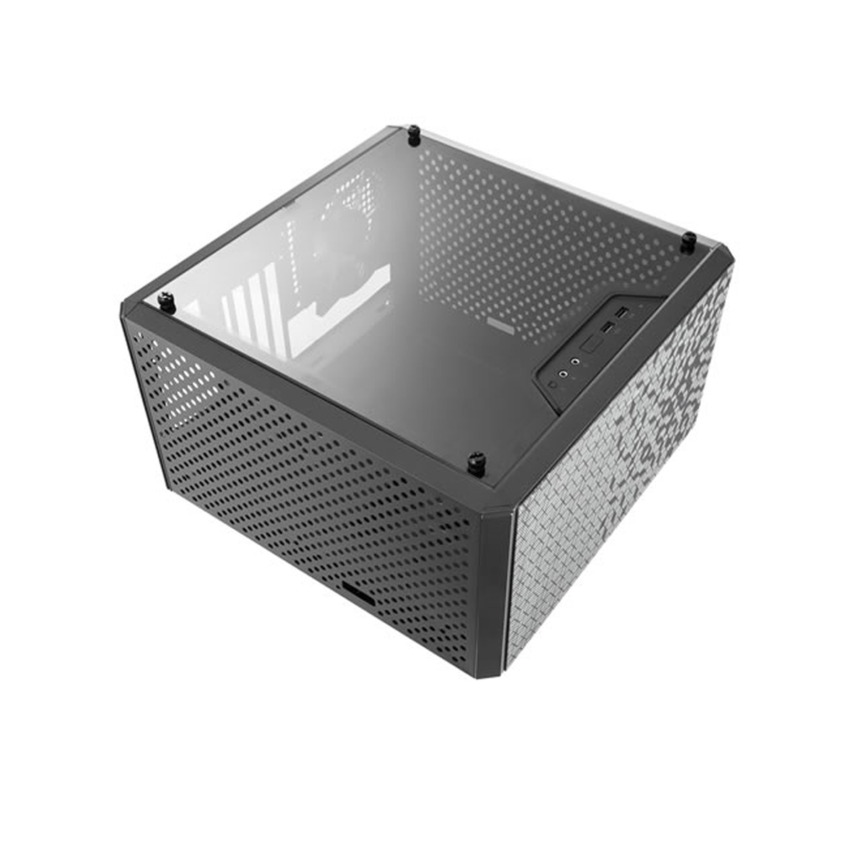 Czarna obudowa PC, w kształcie kostki. Szklany panel boczny. Perforowane panele boczne. Widok z góry.