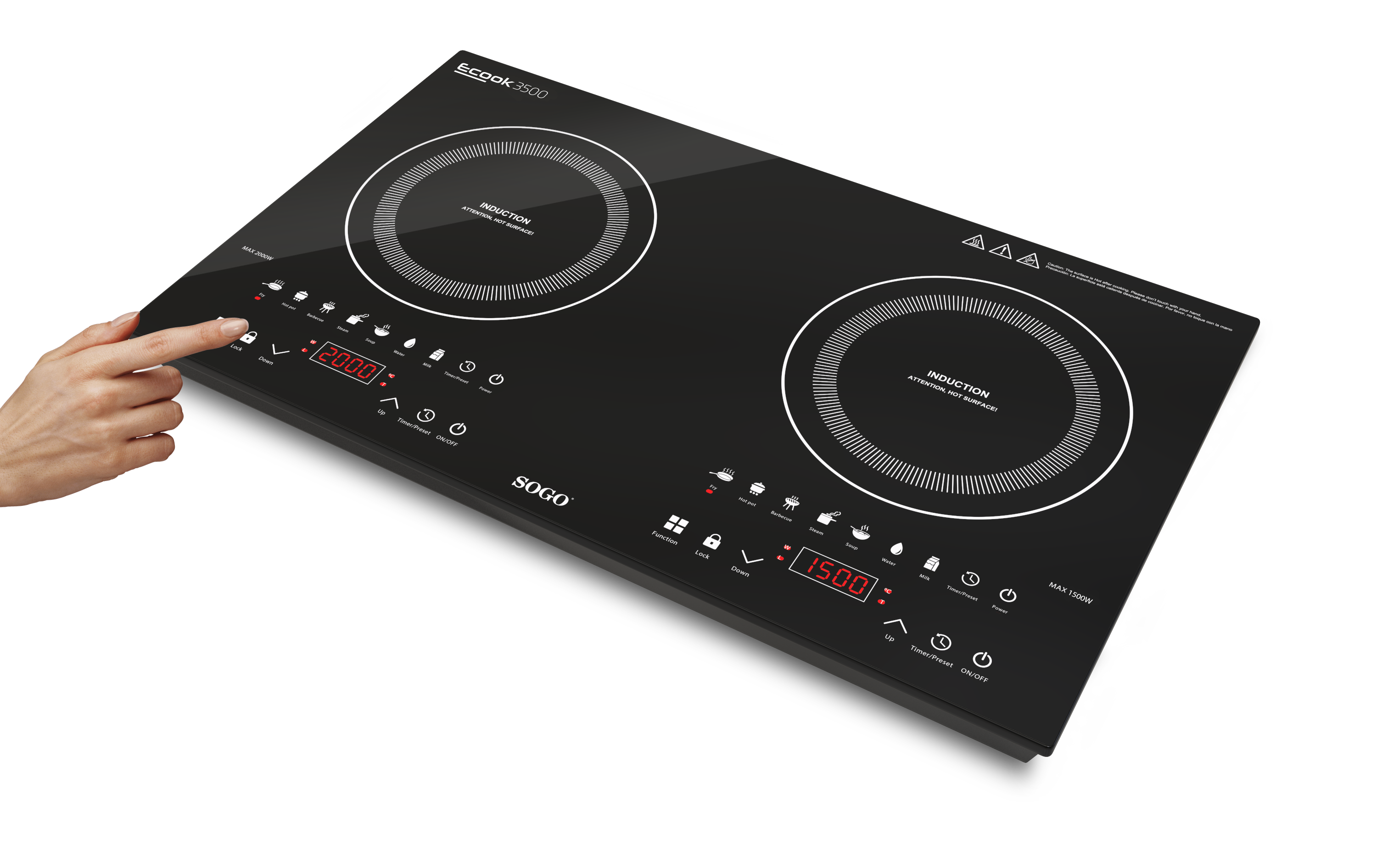 Placa de inducción negra con dos quemadores, dedo tocando panel de control. Fondo negro.