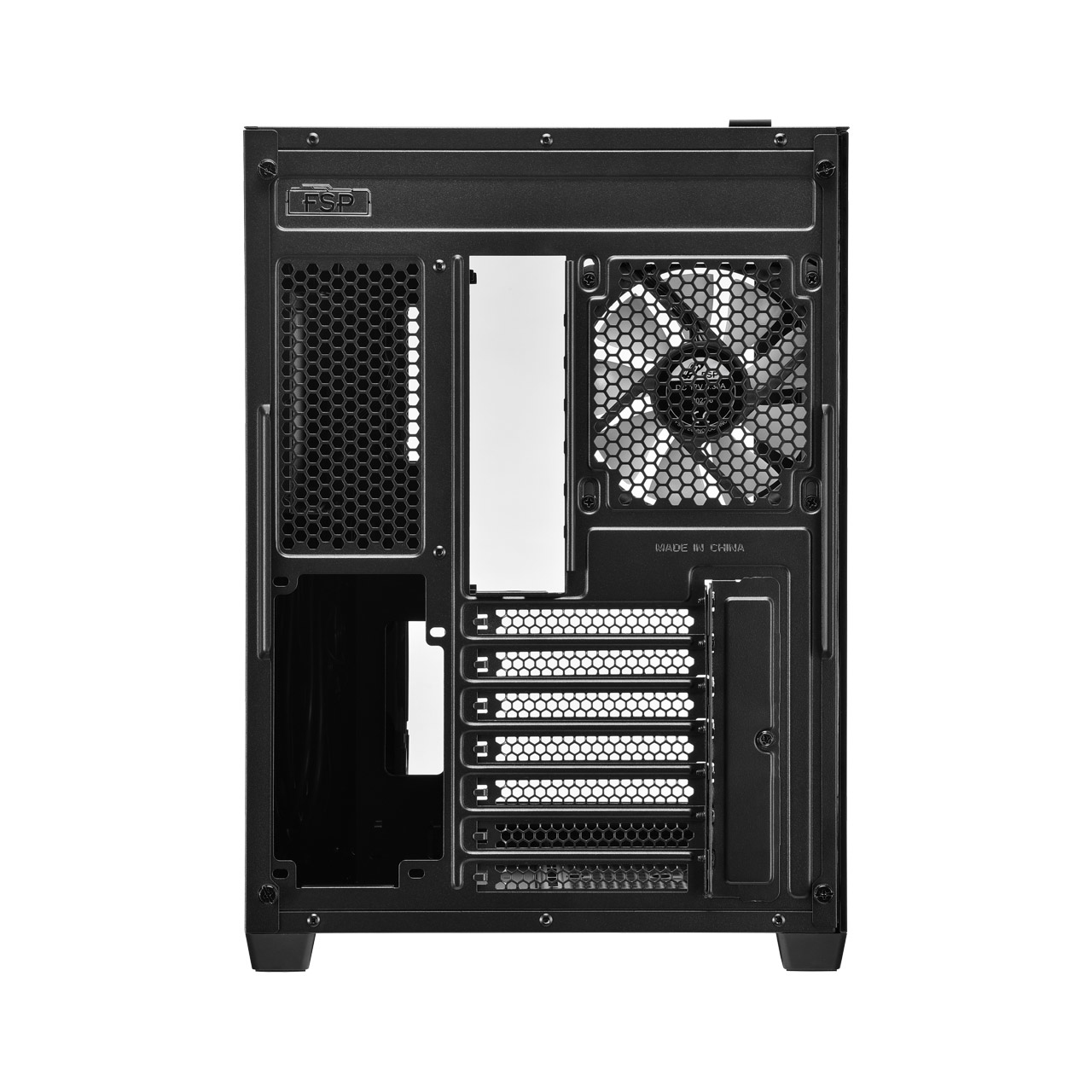 Case per computer nero con vista posteriore, con varie porte e slot di montaggio.
