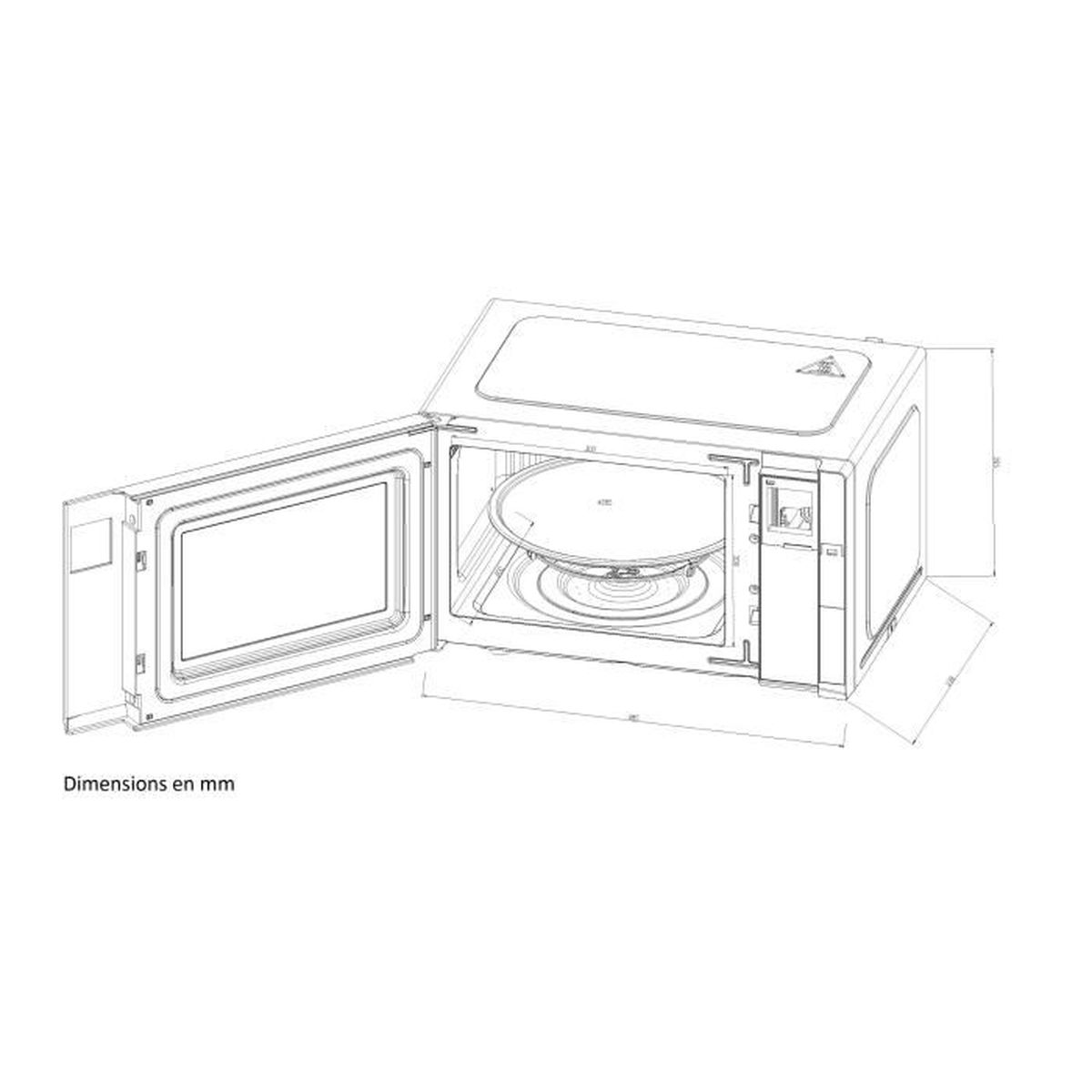 Un esquema de horno microondas con dimensiones y puerta abierta, fondo blanco.