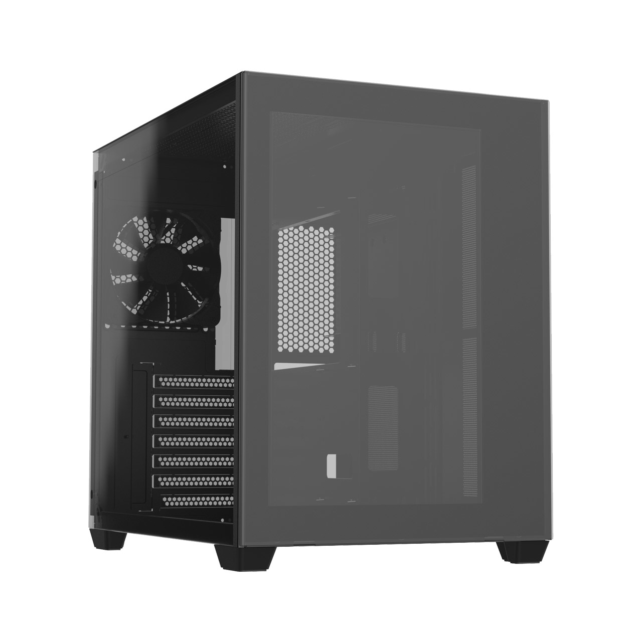 Case PC nero, con pannello laterale in vetro e componenti interni visibili.