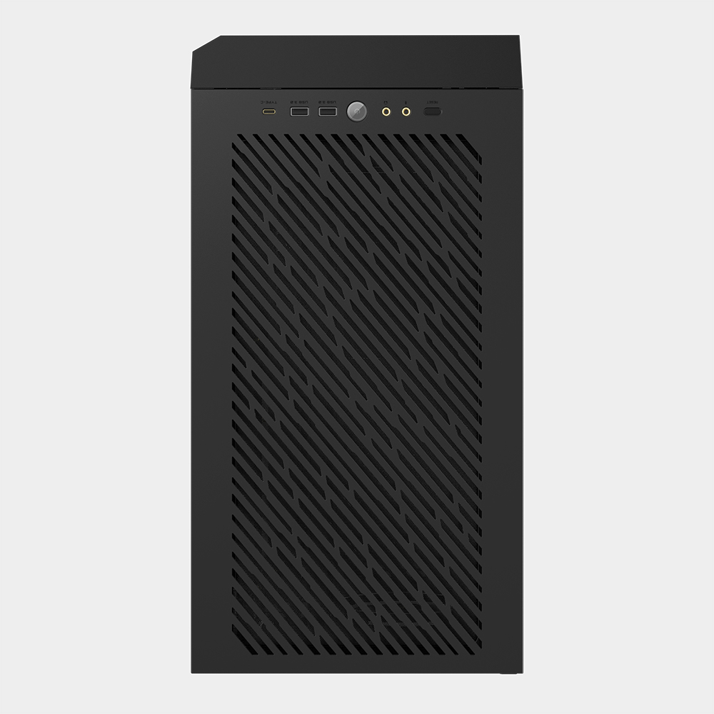 Czarny panel przedni obudowy PC z portami, przyciskami i siatkowym designem.