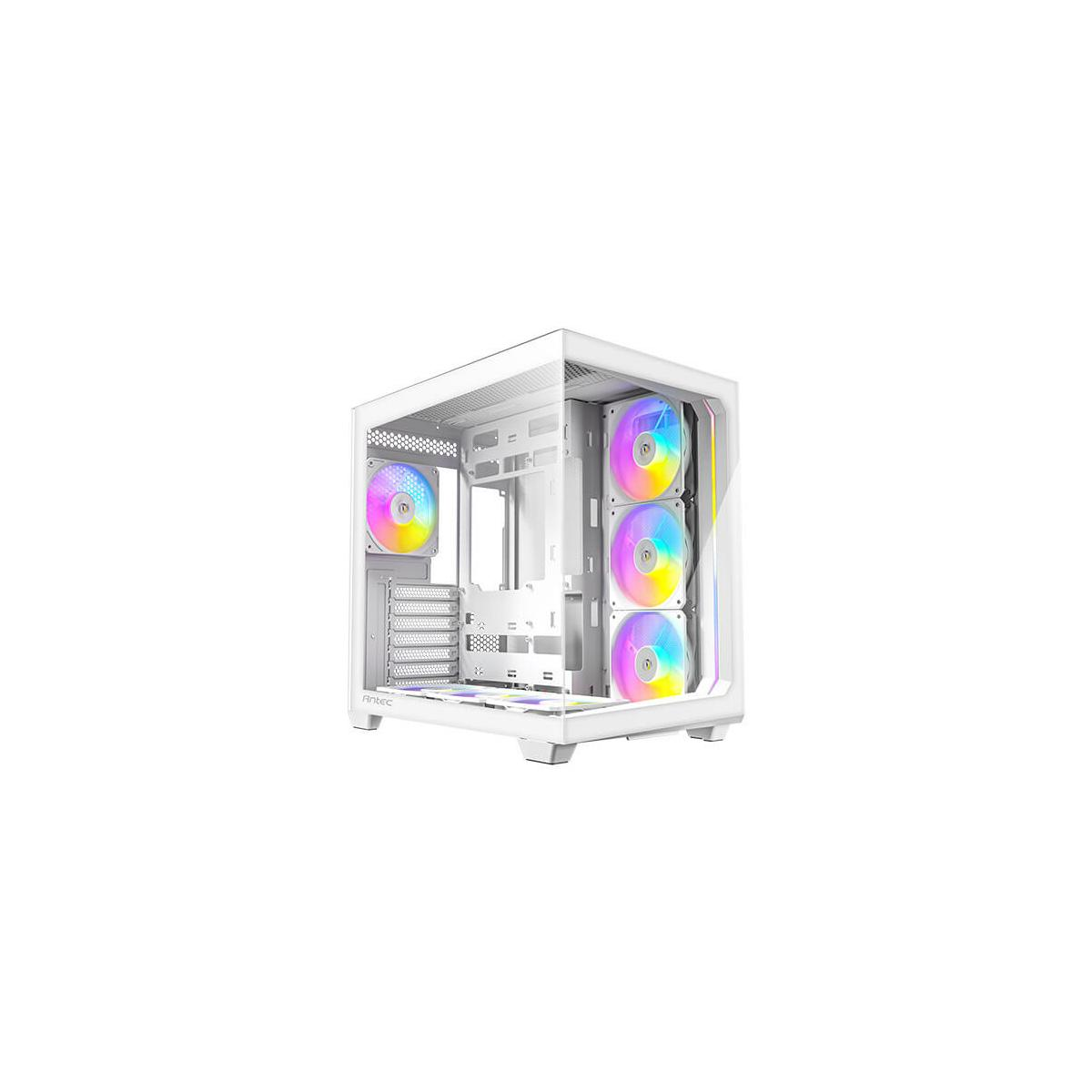 Boîtier PC blanc avec ventilateurs RGB. Panneau latéral en verre montre structure interne.