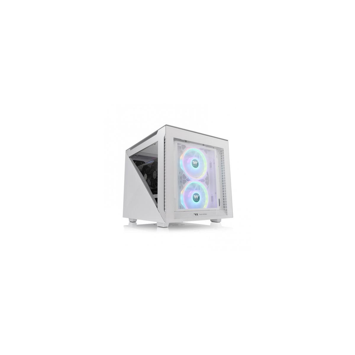 Case per computer bianco con pannello frontale in vetro trasparente. Due ventole circolari brillano all'interno.