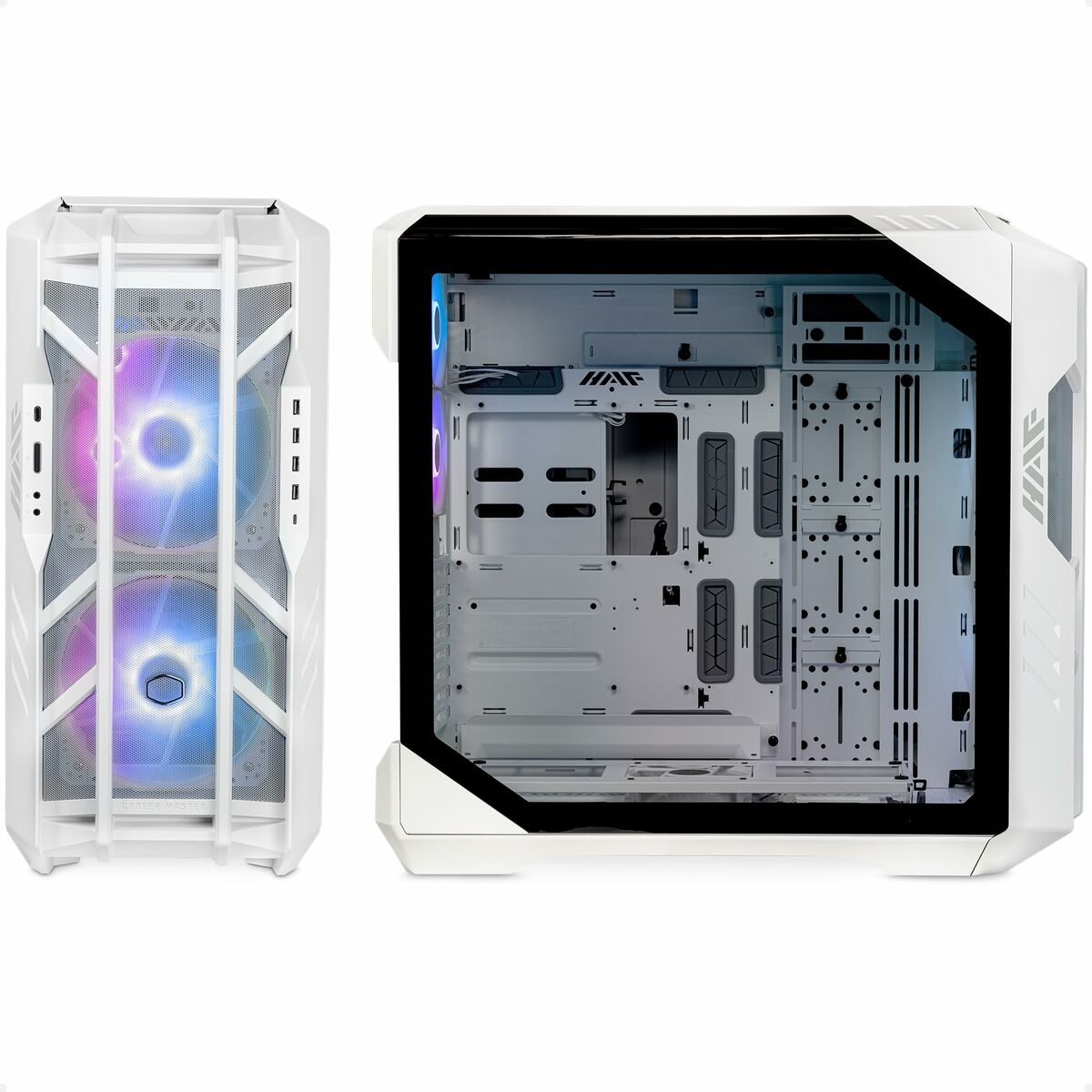 Un case per computer bianco con ventole anteriori e un pannello laterale trasparente, che mostra componenti interni e luci RGB.