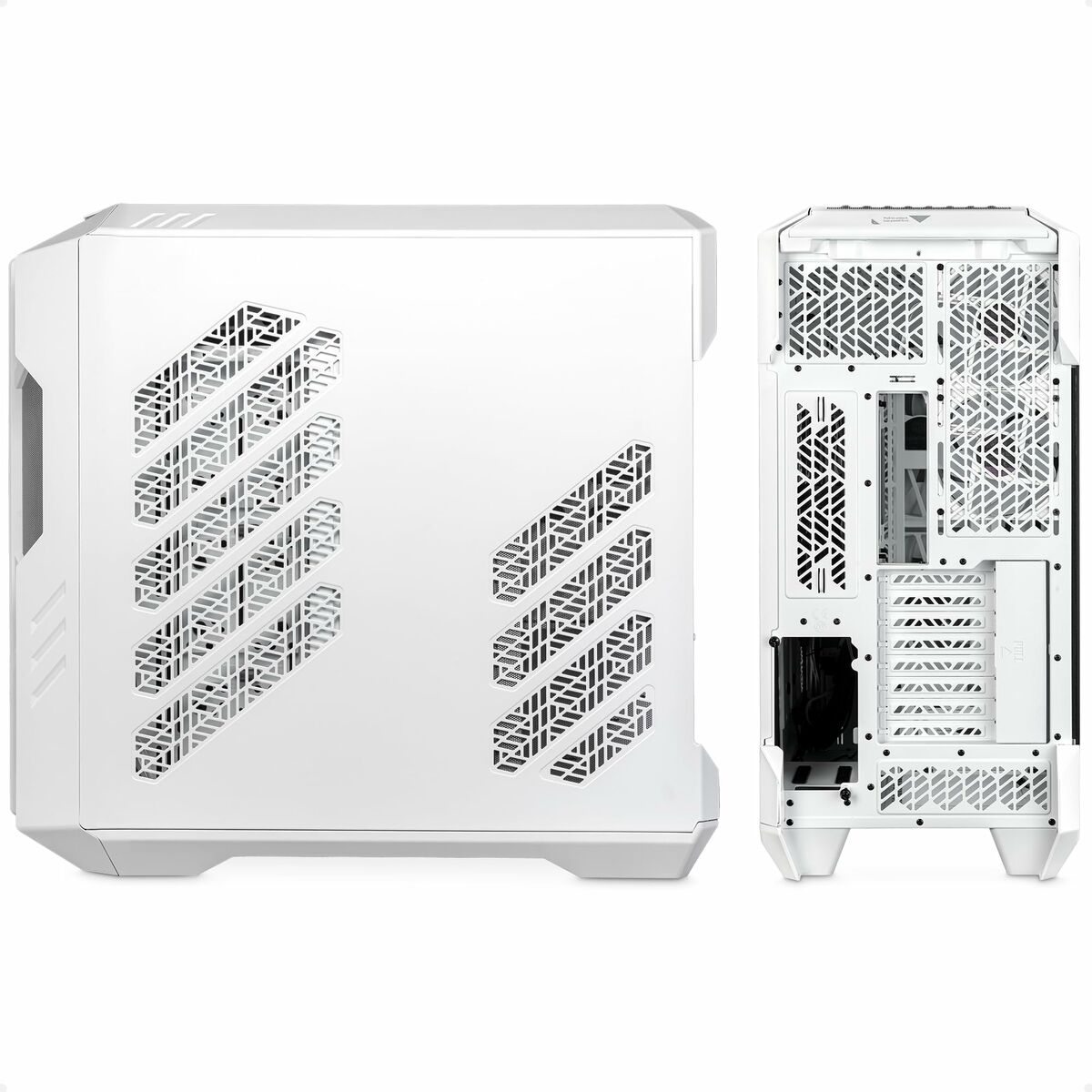 Case PC bianco, vista angolata. Fianco e fronte con prese d'aria a motivi. Mostra lato e retro del case.