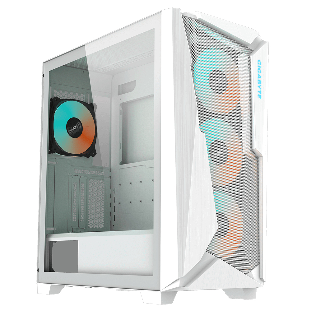 Case PC bianco con lato in vetro e una ventola bianca e arancione visibile.