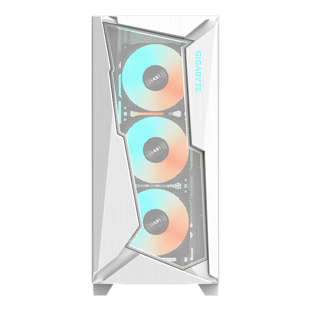 Case PC bianco con tre ventole RGB visibili attraverso il pannello frontale a rete.