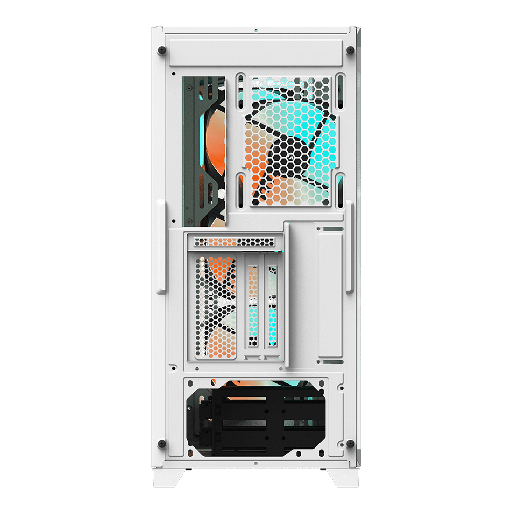 Case per PC bianco, vista posteriore, con ventole e aperture di ventilazione. L'interno è bianco.