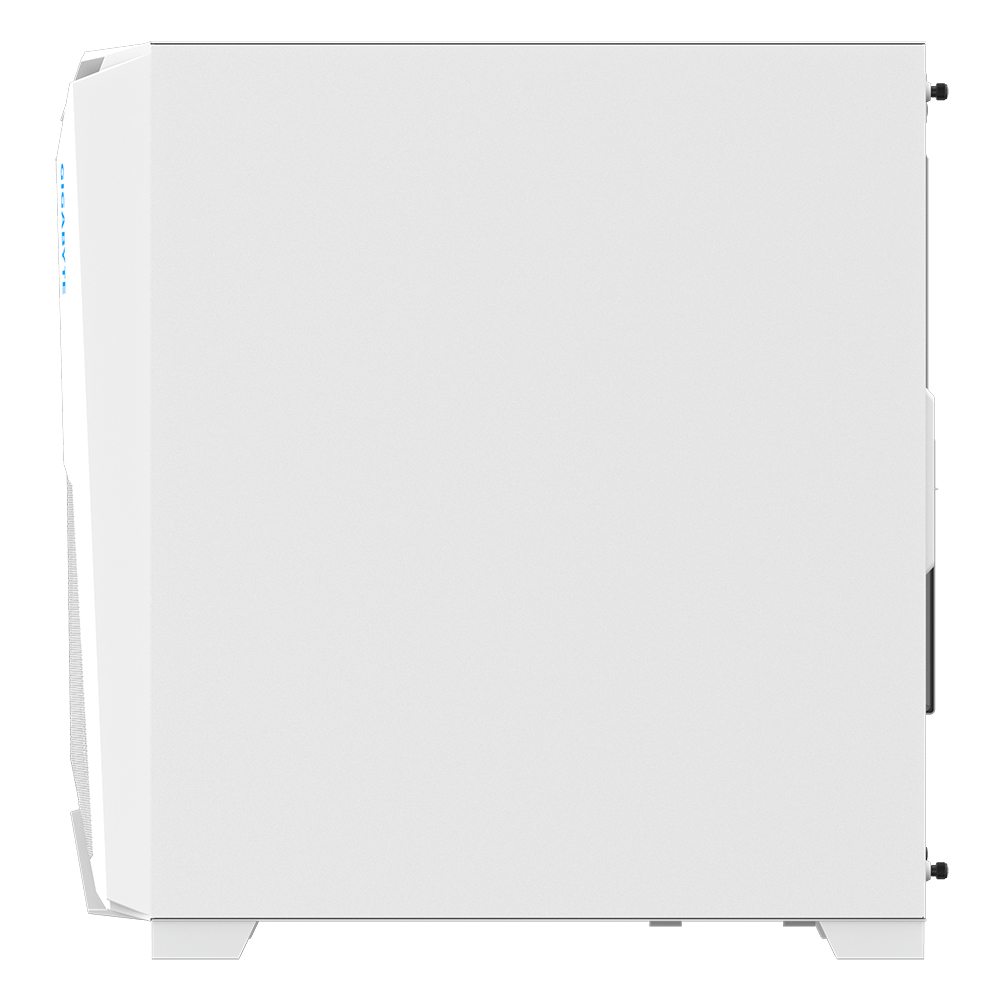 Case per computer bianco, vista laterale. Pannello bianco pieno, con una maniglia nera sul lato destro.