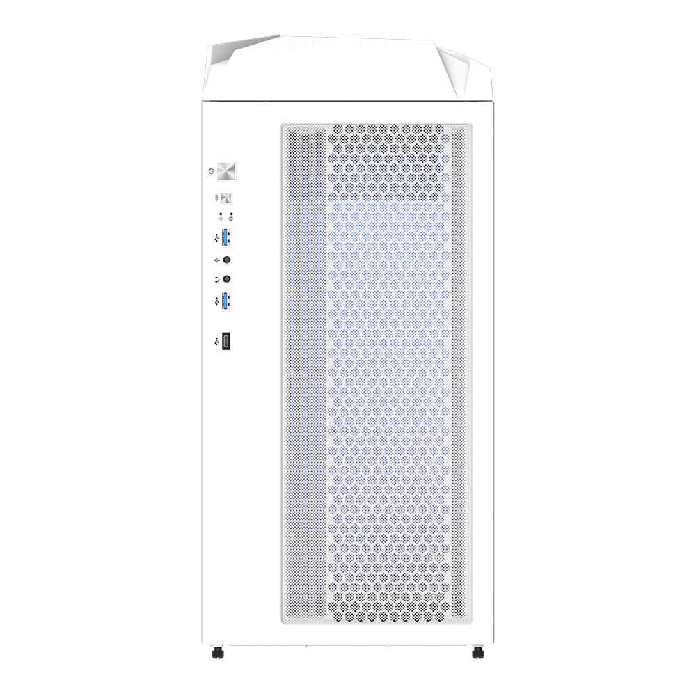 Un case per computer bianco con un pannello frontale a rete e un pannello laterale con porte. La parte anteriore ha una luce blu.