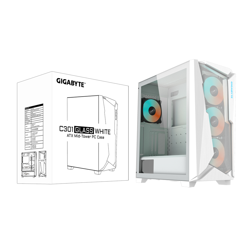 Case PC bianco e scatola. La scatola mostra immagine e specifiche. Case con lato in vetro e ventole RGB.