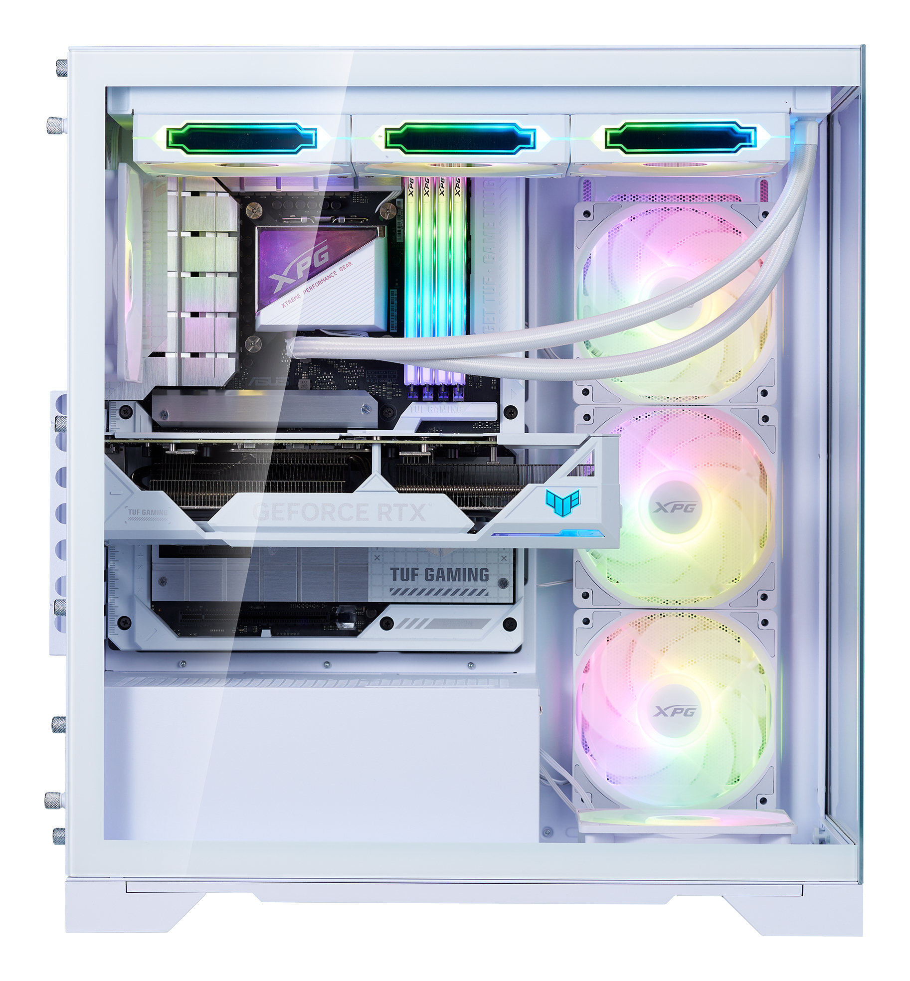 Boîtier PC blanc avec côté en verre, composants internes, ventilateurs RGB et une carte graphique. Vue détaillée.