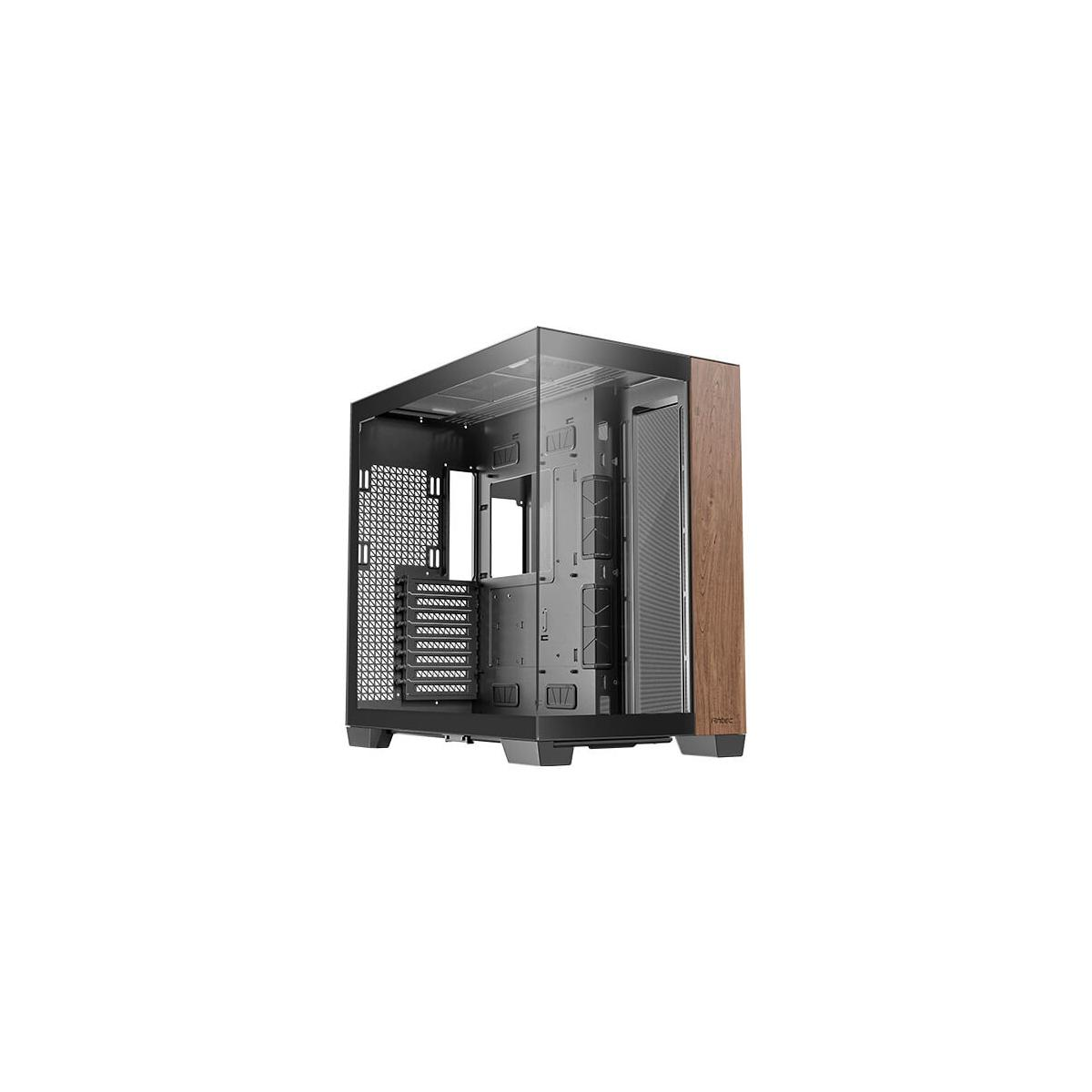 Carcasa de PC con panel lateral tipo madera. Panel lateral de cristal revela interior. Carcasa negra y moderna.